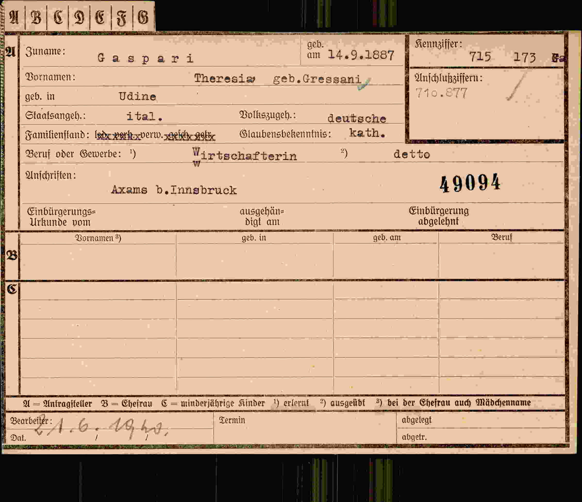 Dokument für Theresia Gaspari