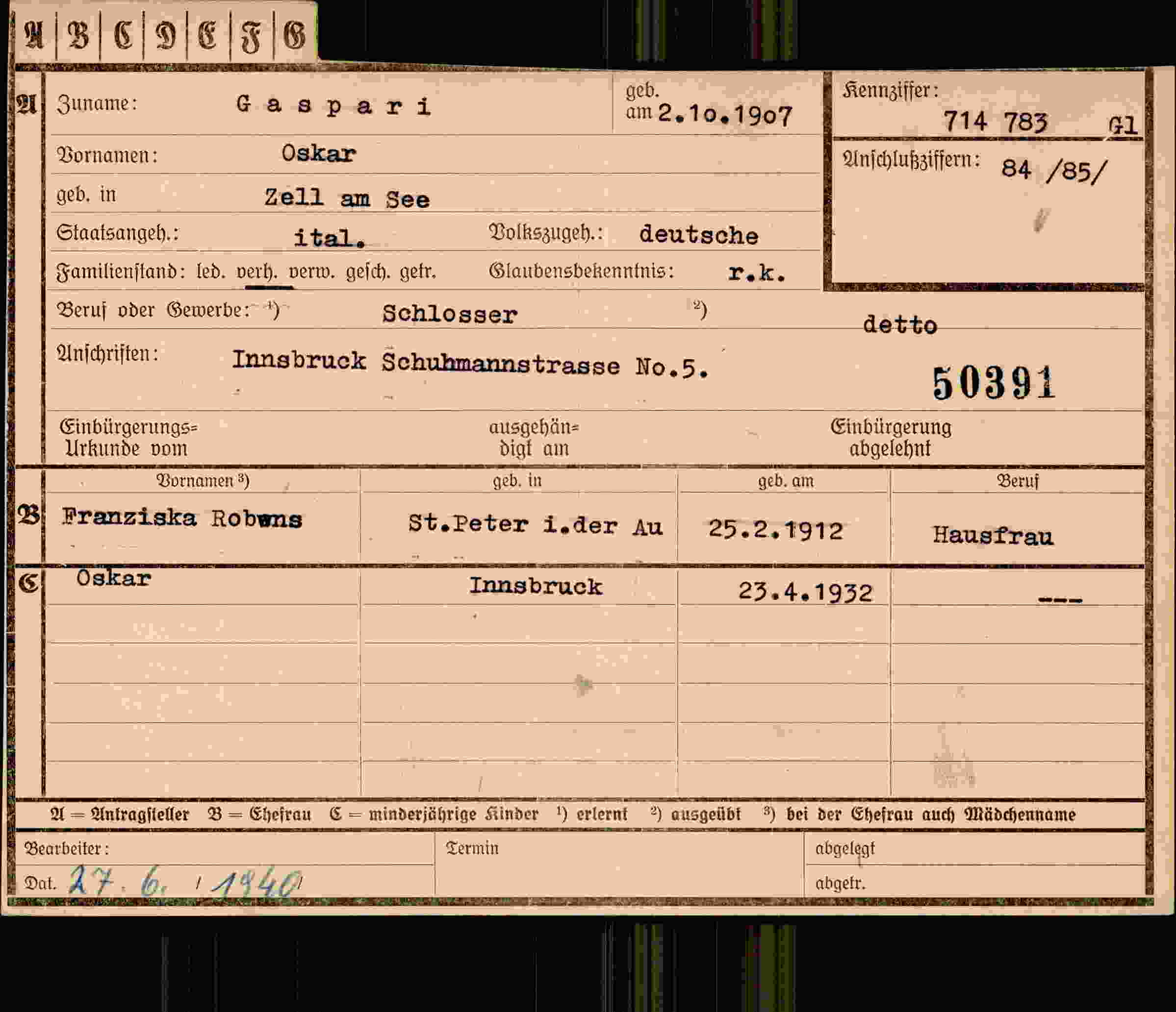 Dokument für Oskar Gaspari