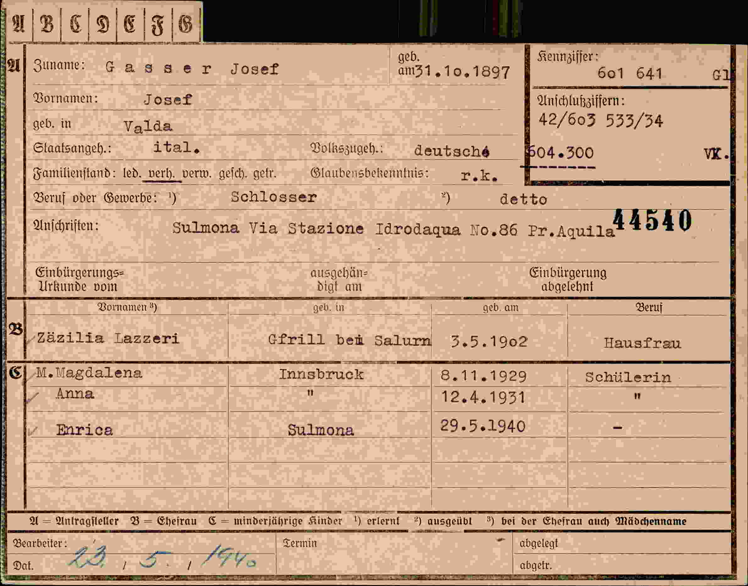 Dokument für Josef Gasser