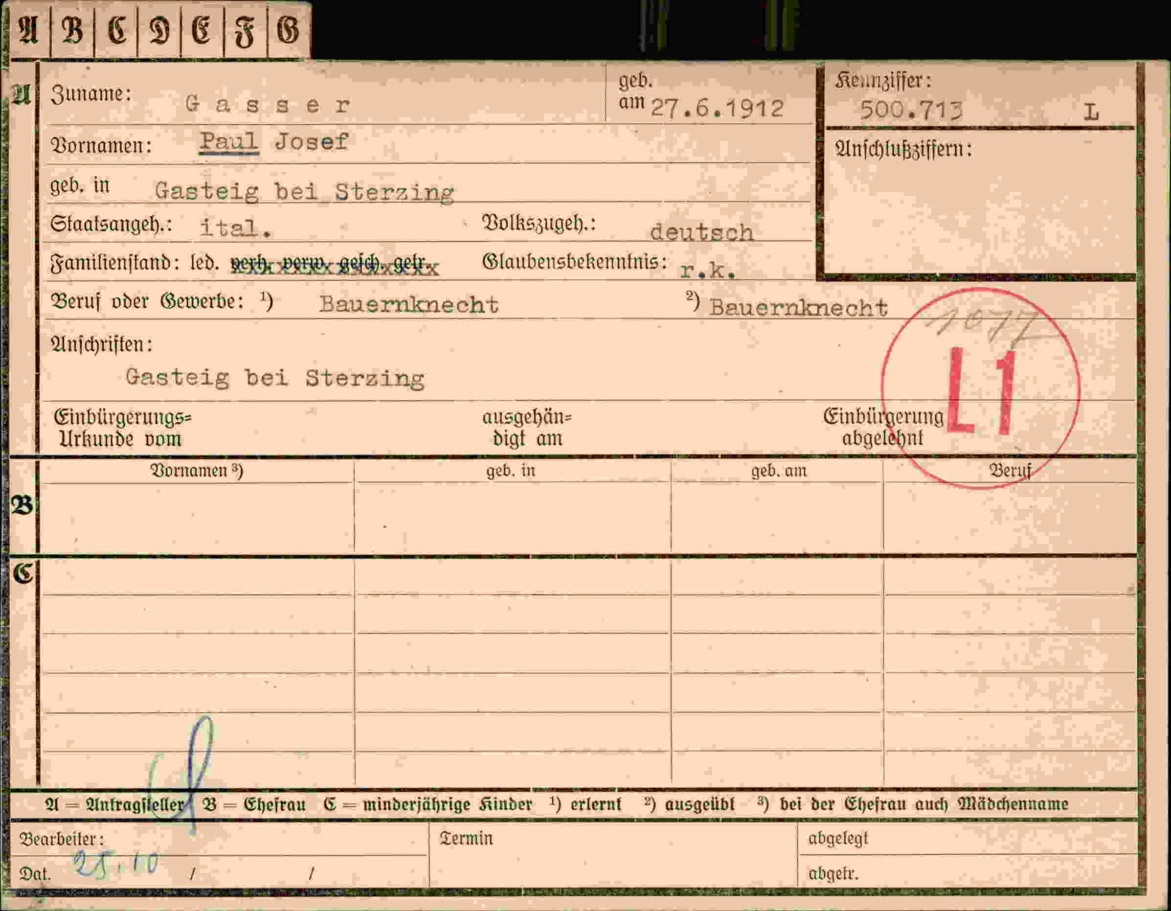 Dokument für Paul Josef Gasser