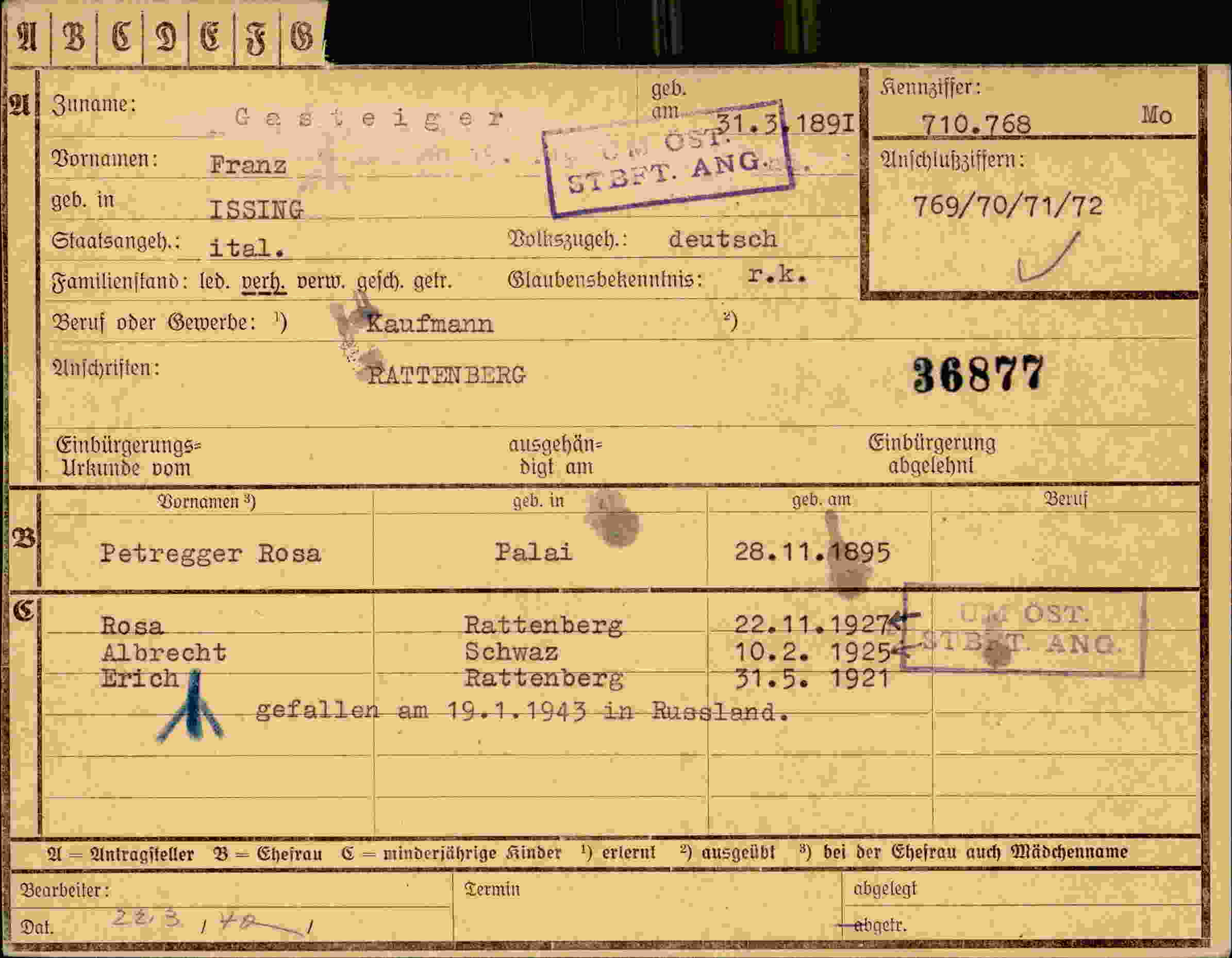 Dokument für Franz Gasteiger