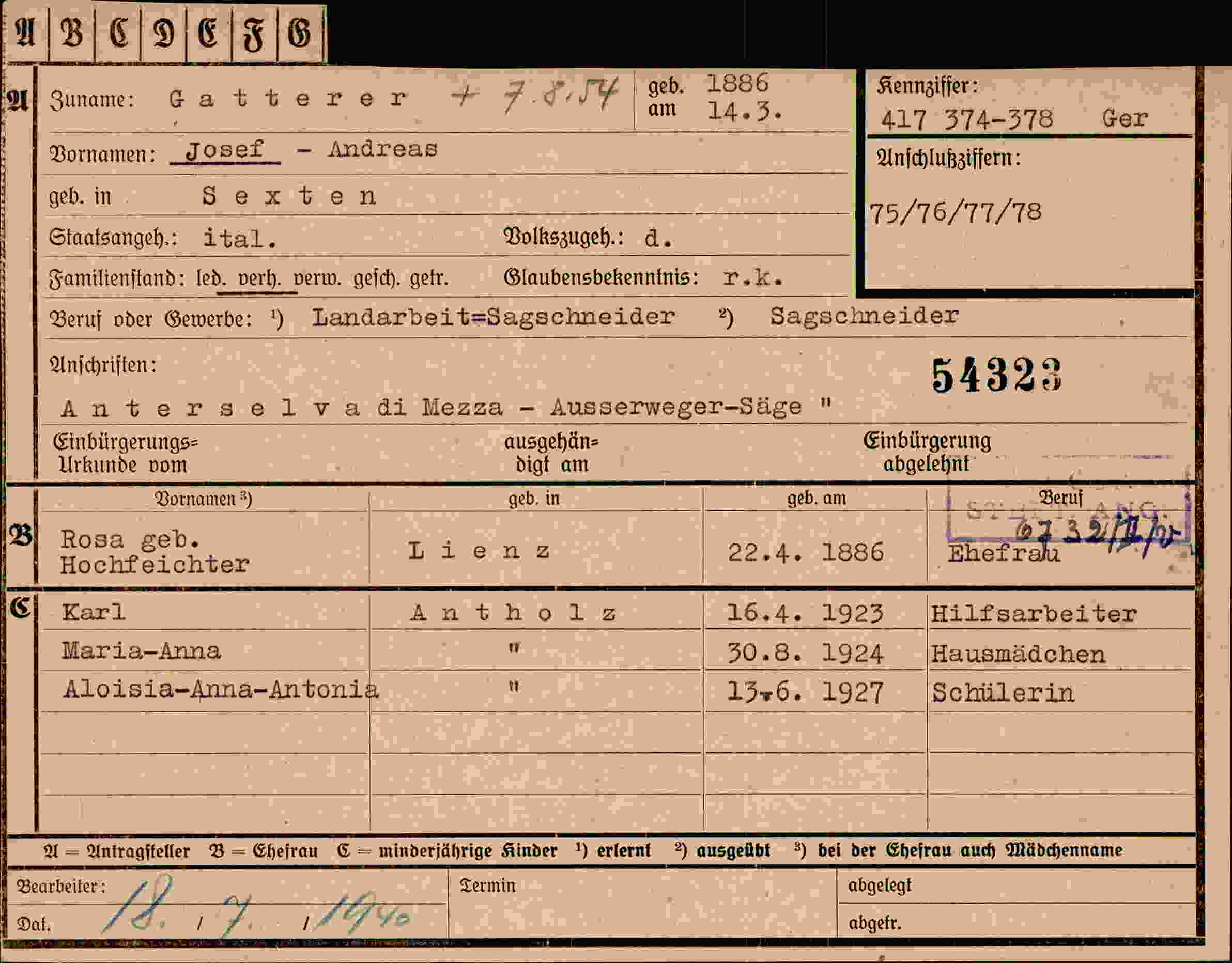 Dokument für Josef Andreas Gatterer