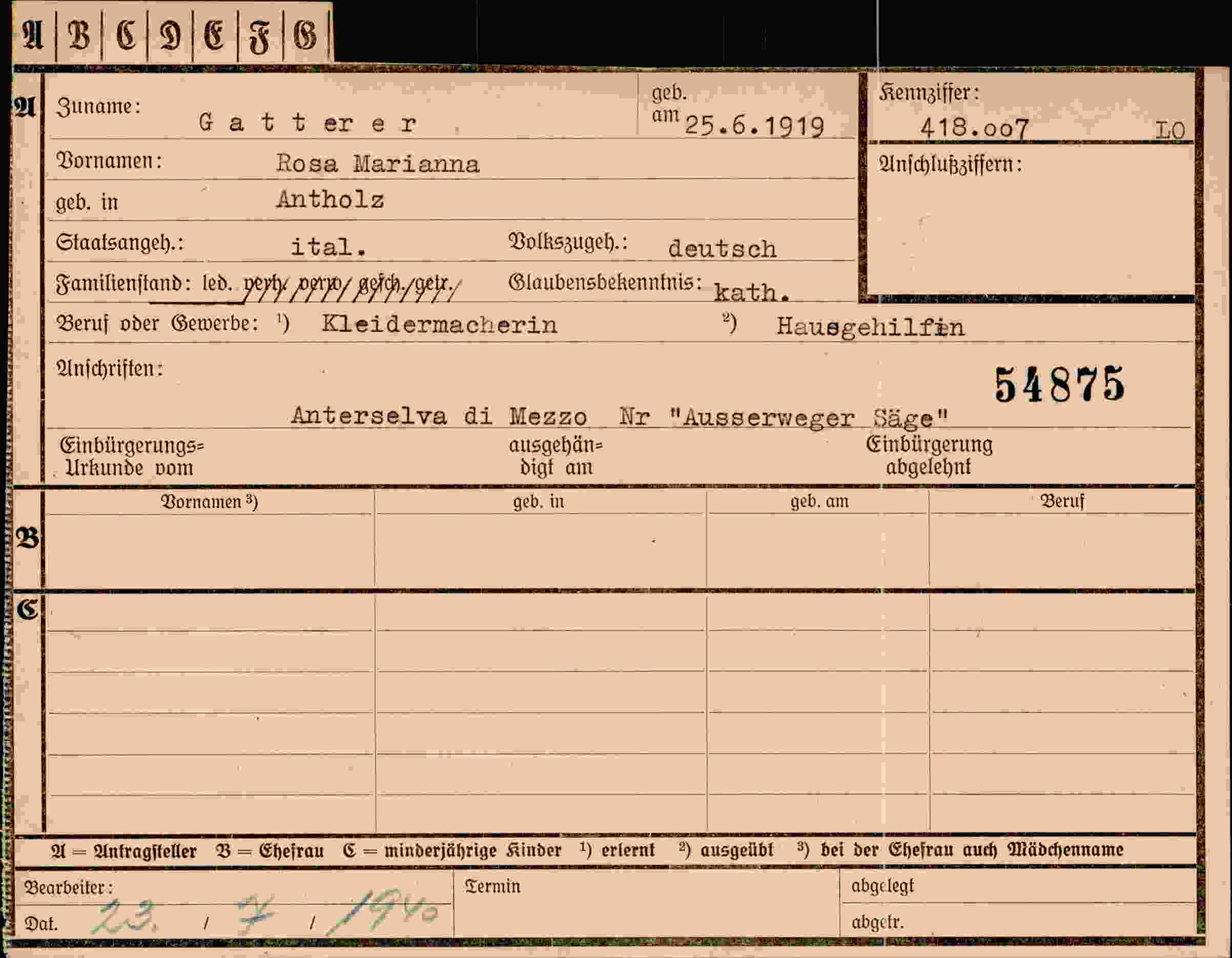 Dokument für Rosa Marianna Gatterer