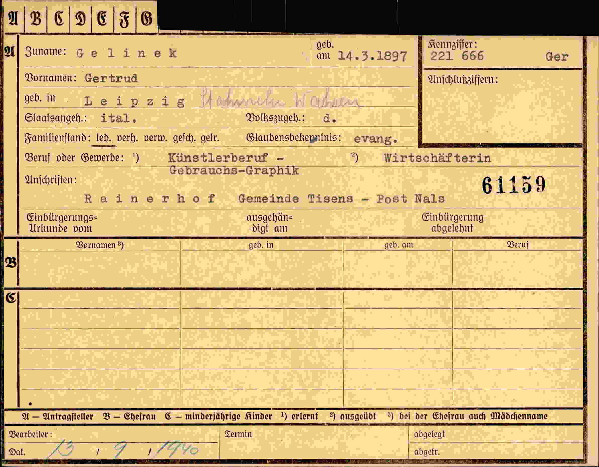 Dokument für Gertrud Gelinek