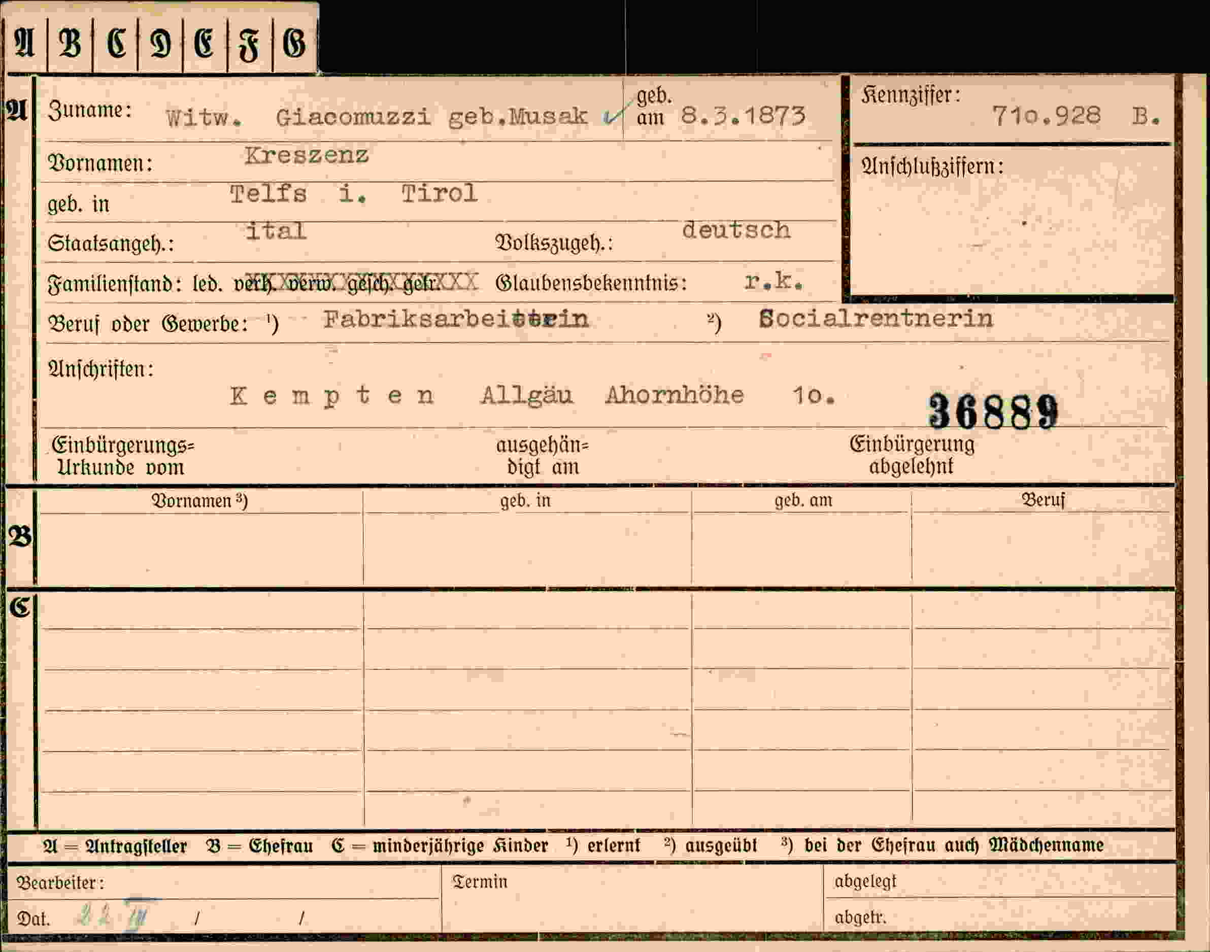 Dokument für Kreszenz Giacomuzzi