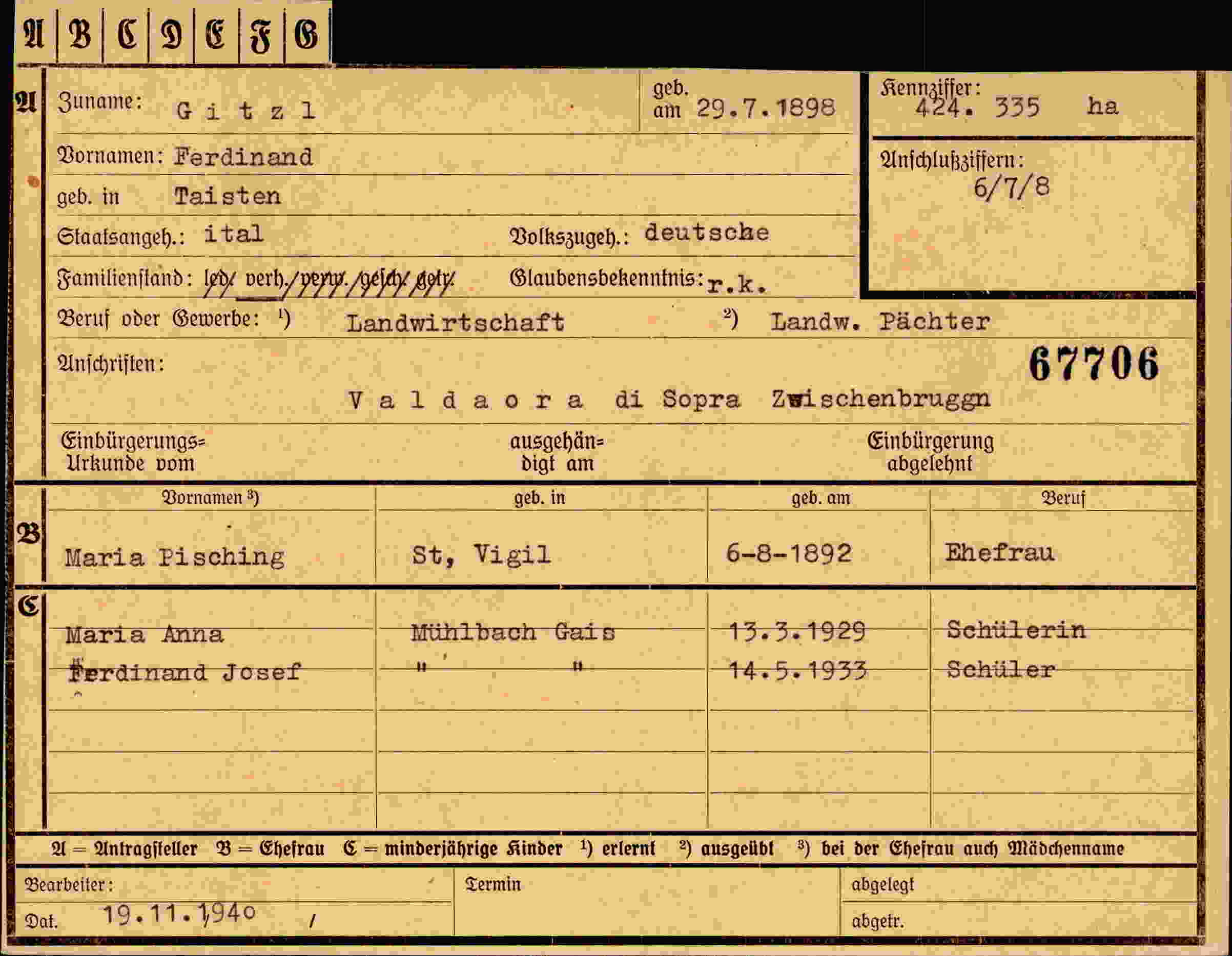 Dokument für Ferdinand Gitzl