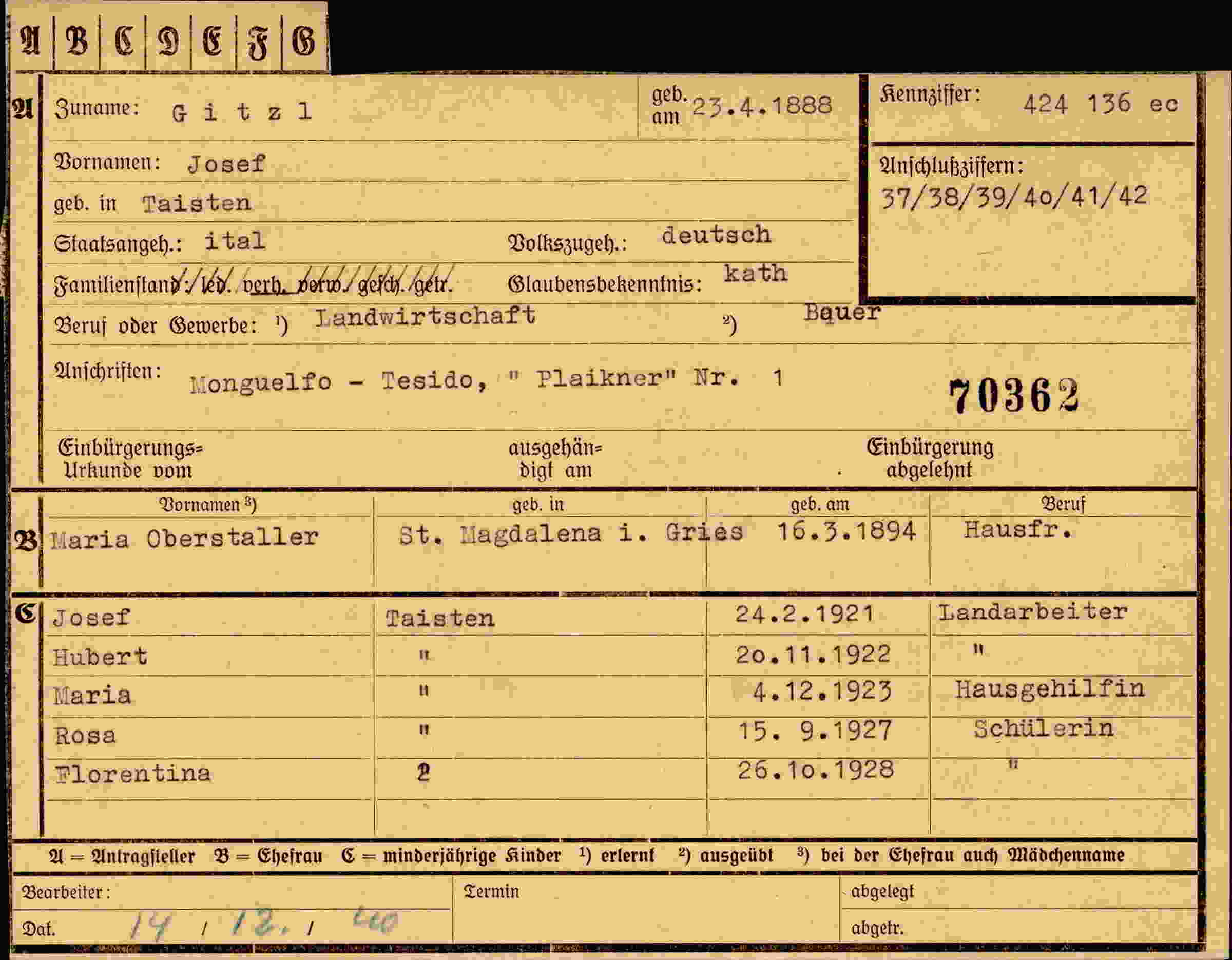 Dokument für Josef Gitzl