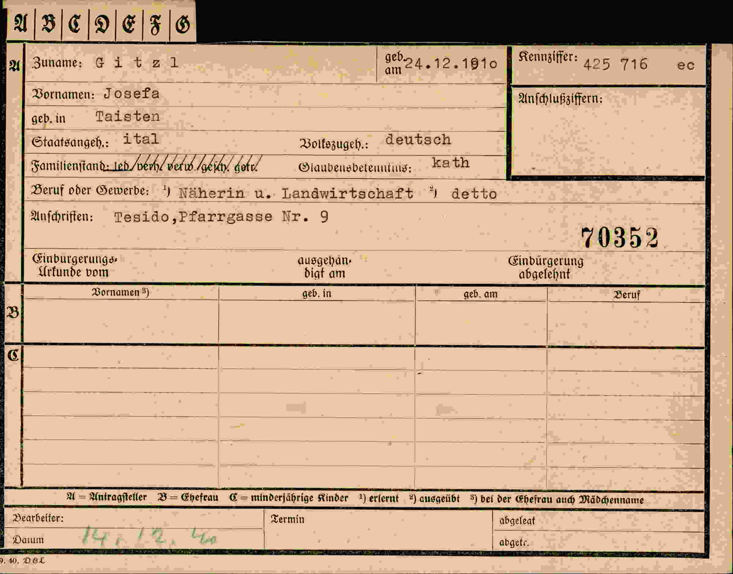 Dokument für Josefa Gitzl