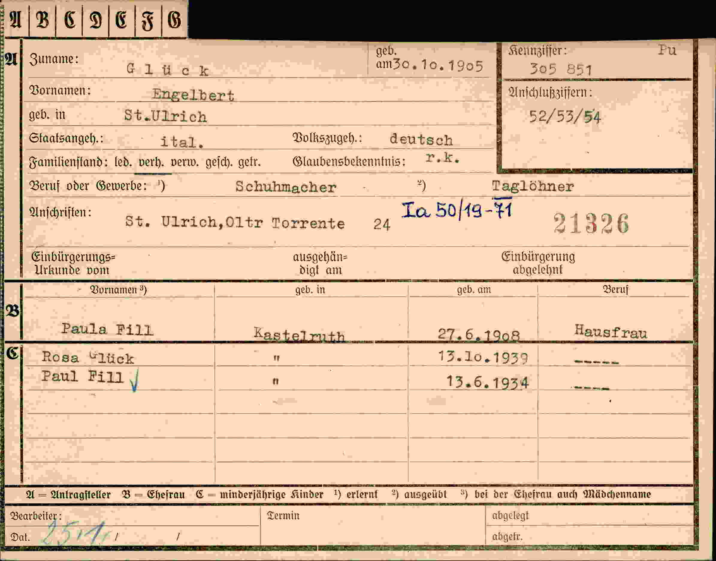 Dokument für Engelbert Glück