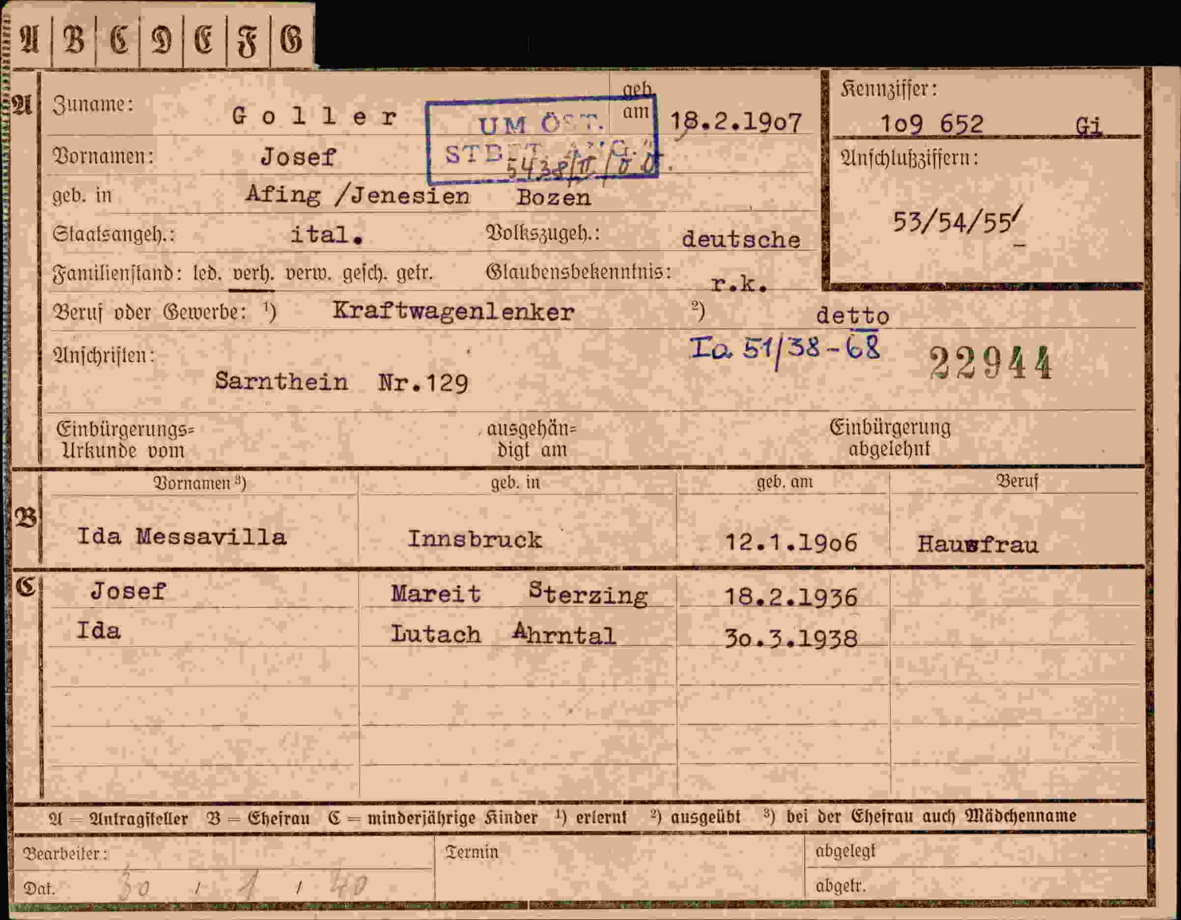 Dokument für Josef Goller