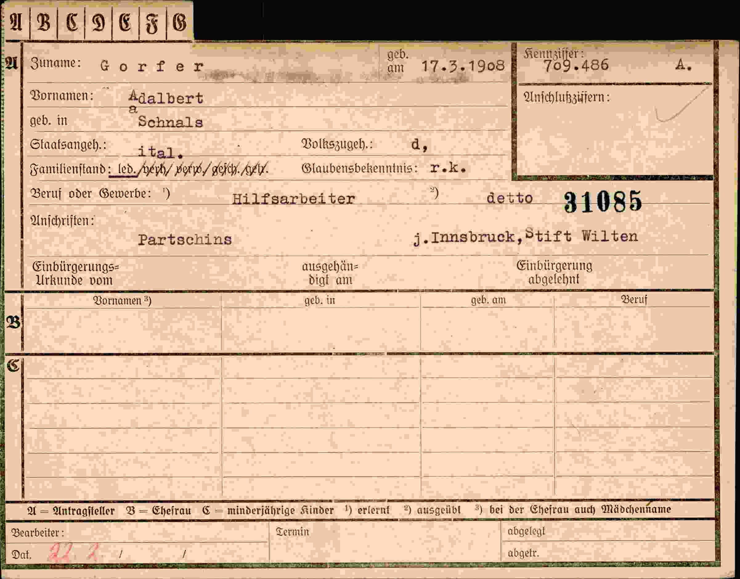 Dokument für Adalbert Gorfer