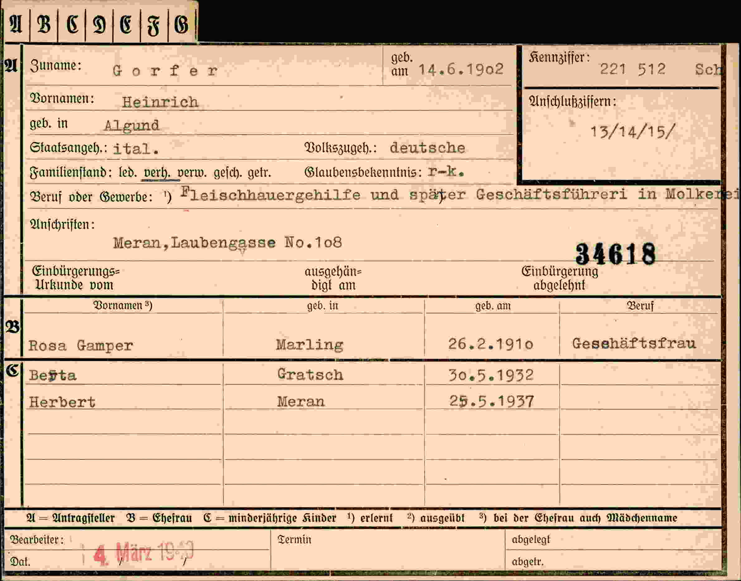 Dokument für Heinrich Gorfer
