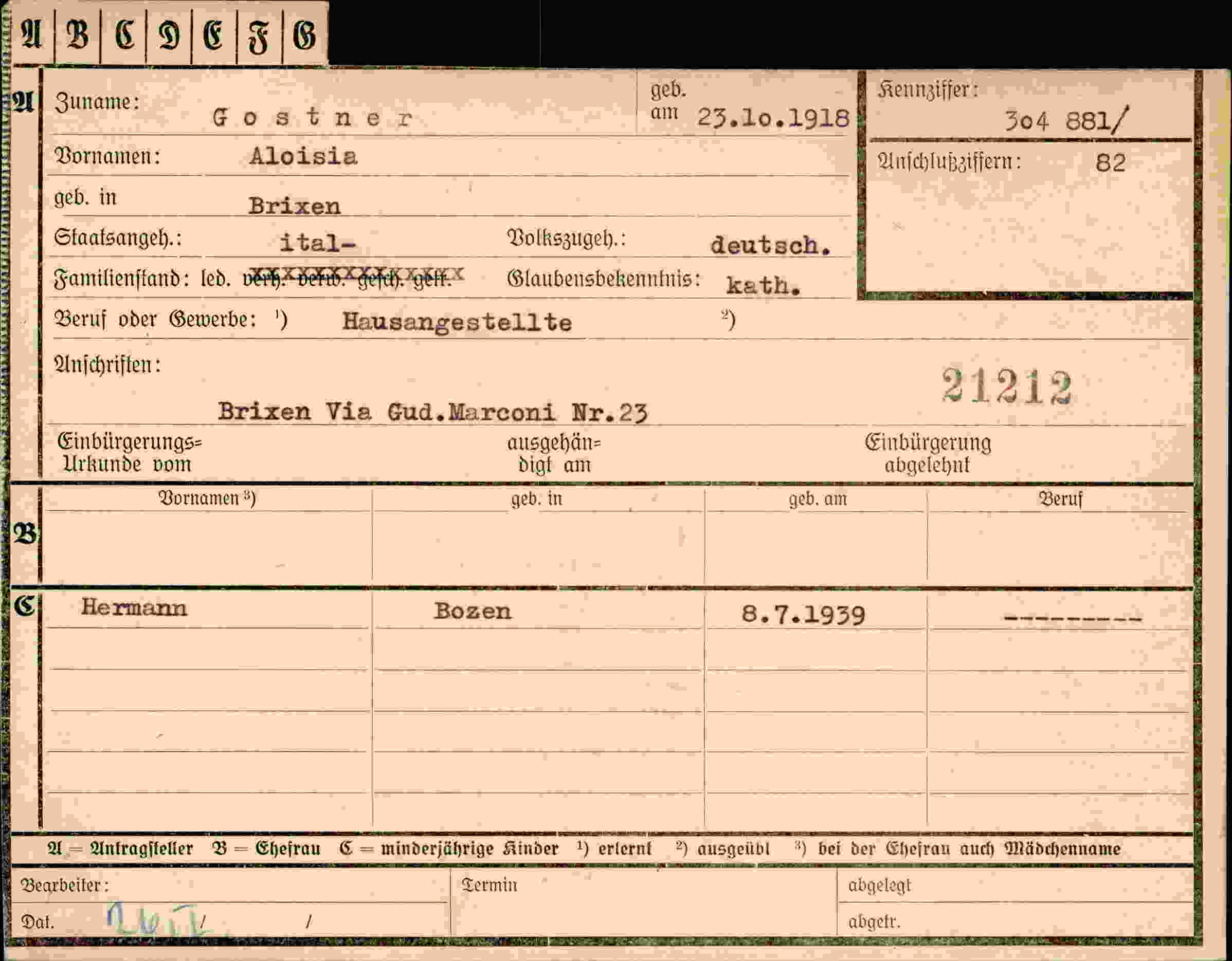 Dokument für Aloisia Gostner
