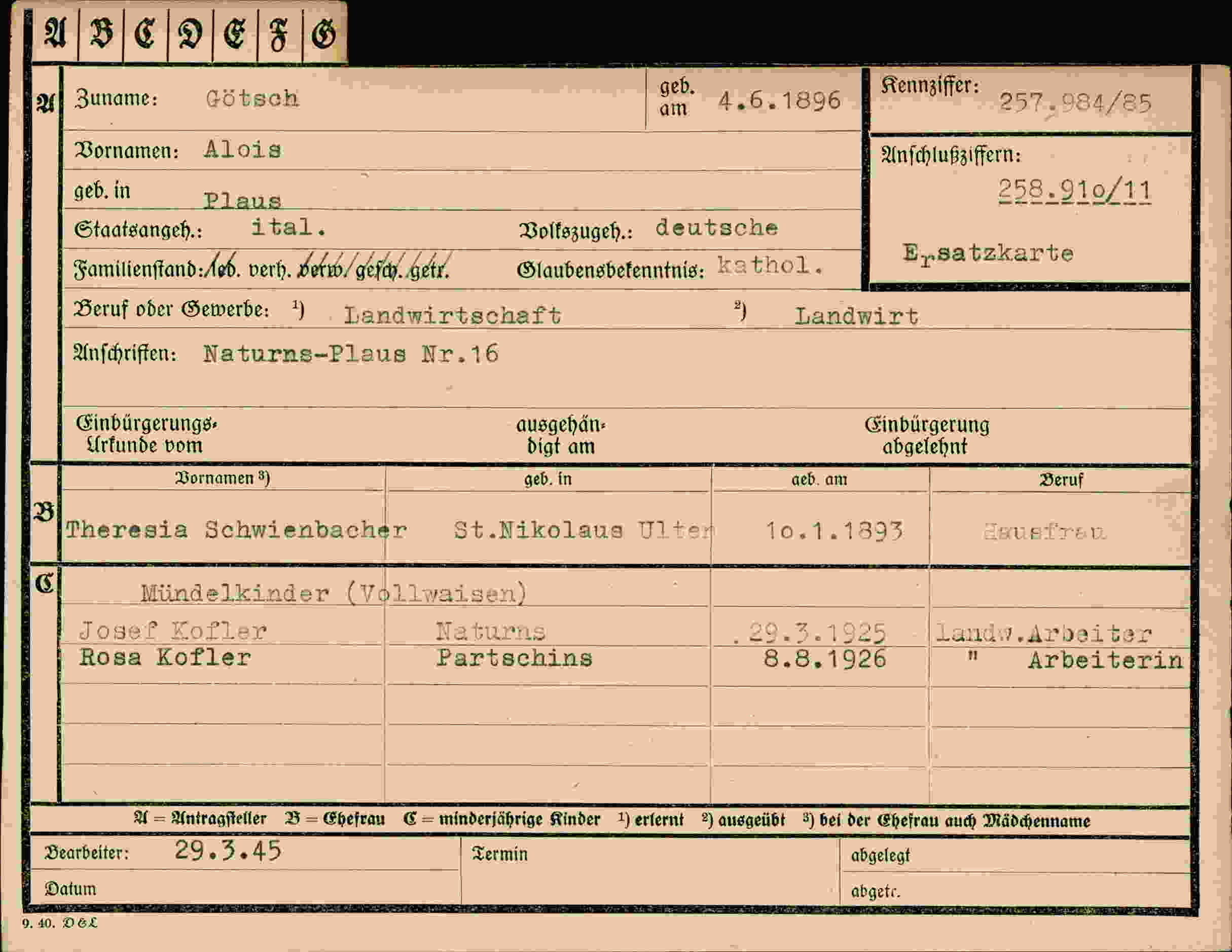 Dokument für Alois Götsch
