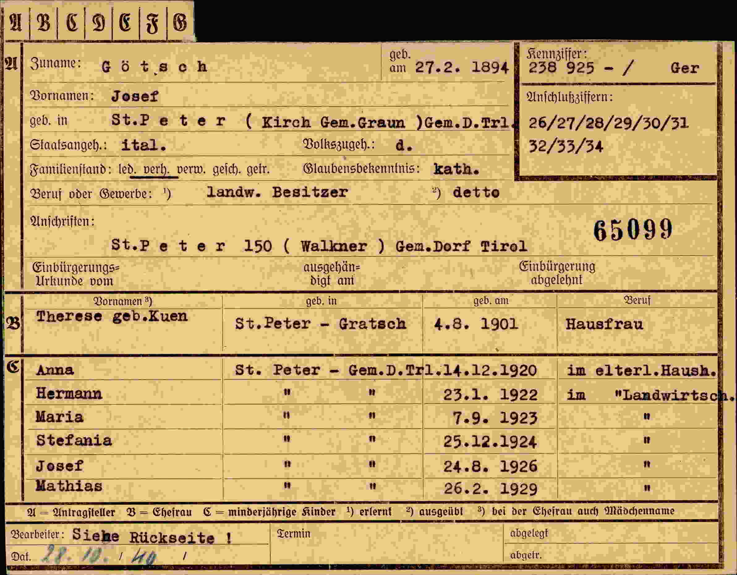 Dokument für Josef Götsch