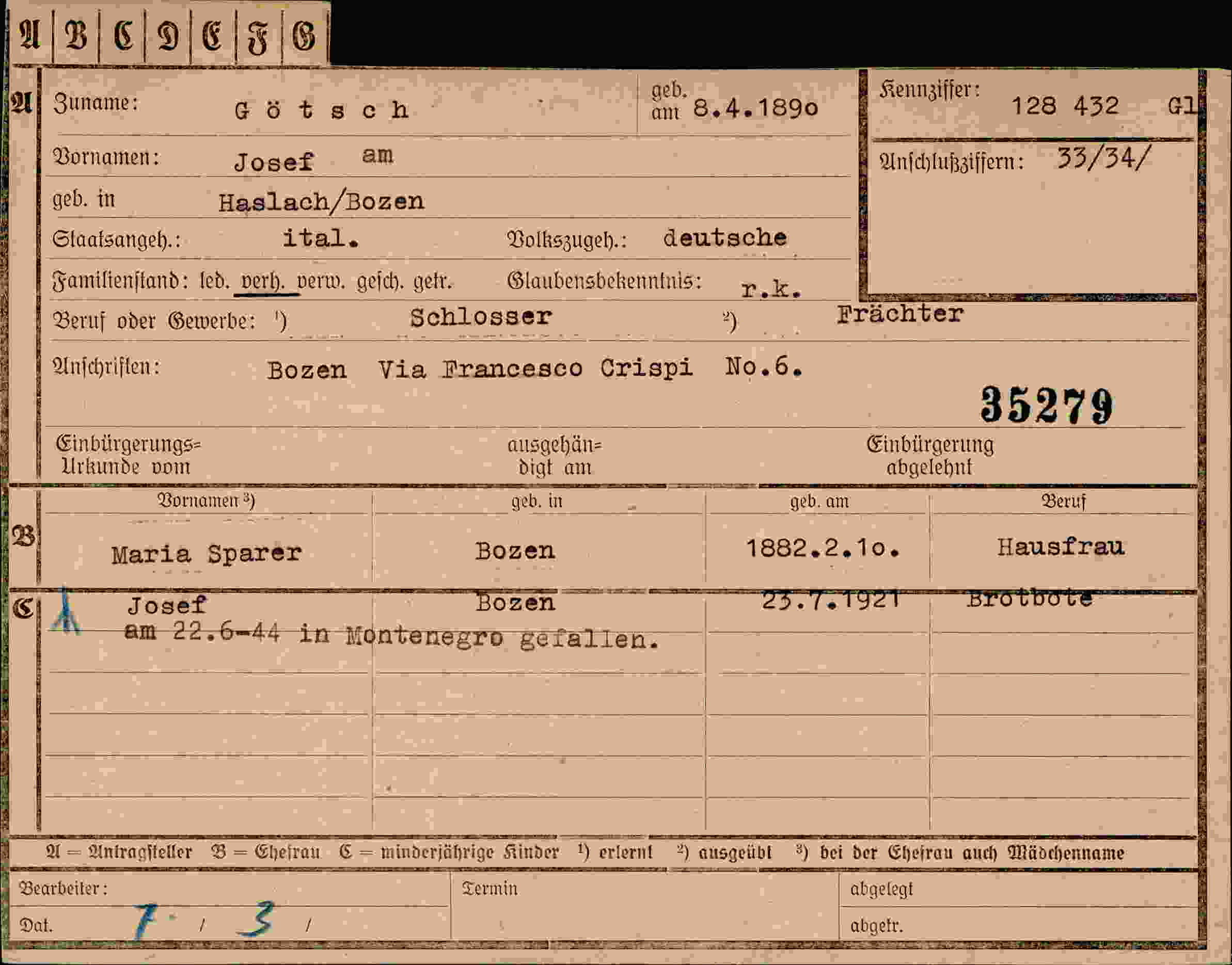 Dokument für Josef Götsch