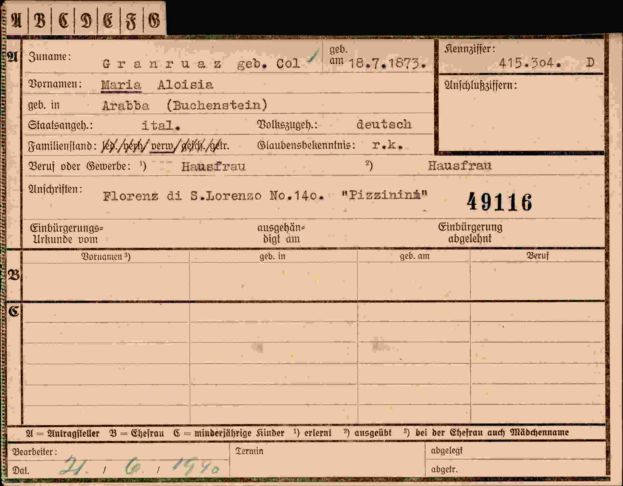 Dokument für Maria Aloisia Granruaz