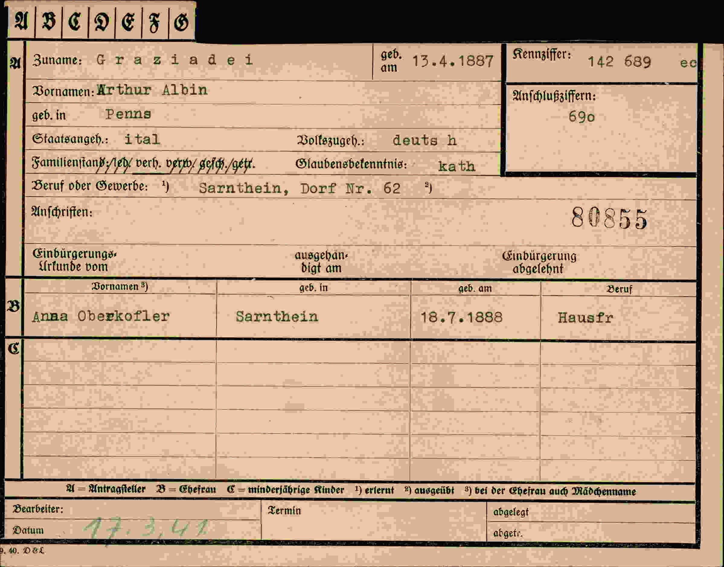 Dokument für Arthur Albin Graziadei