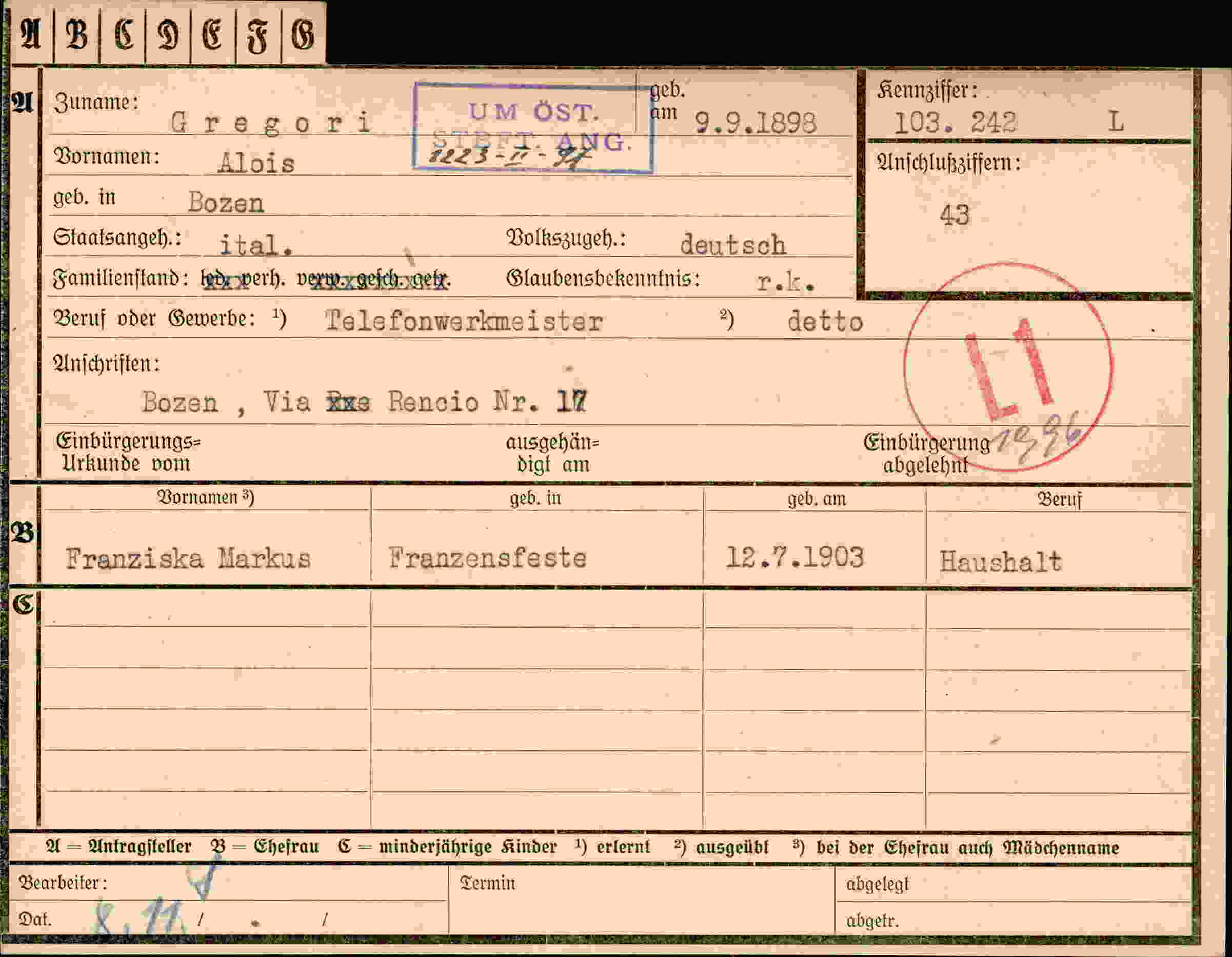 Dokument für Alois Gregori