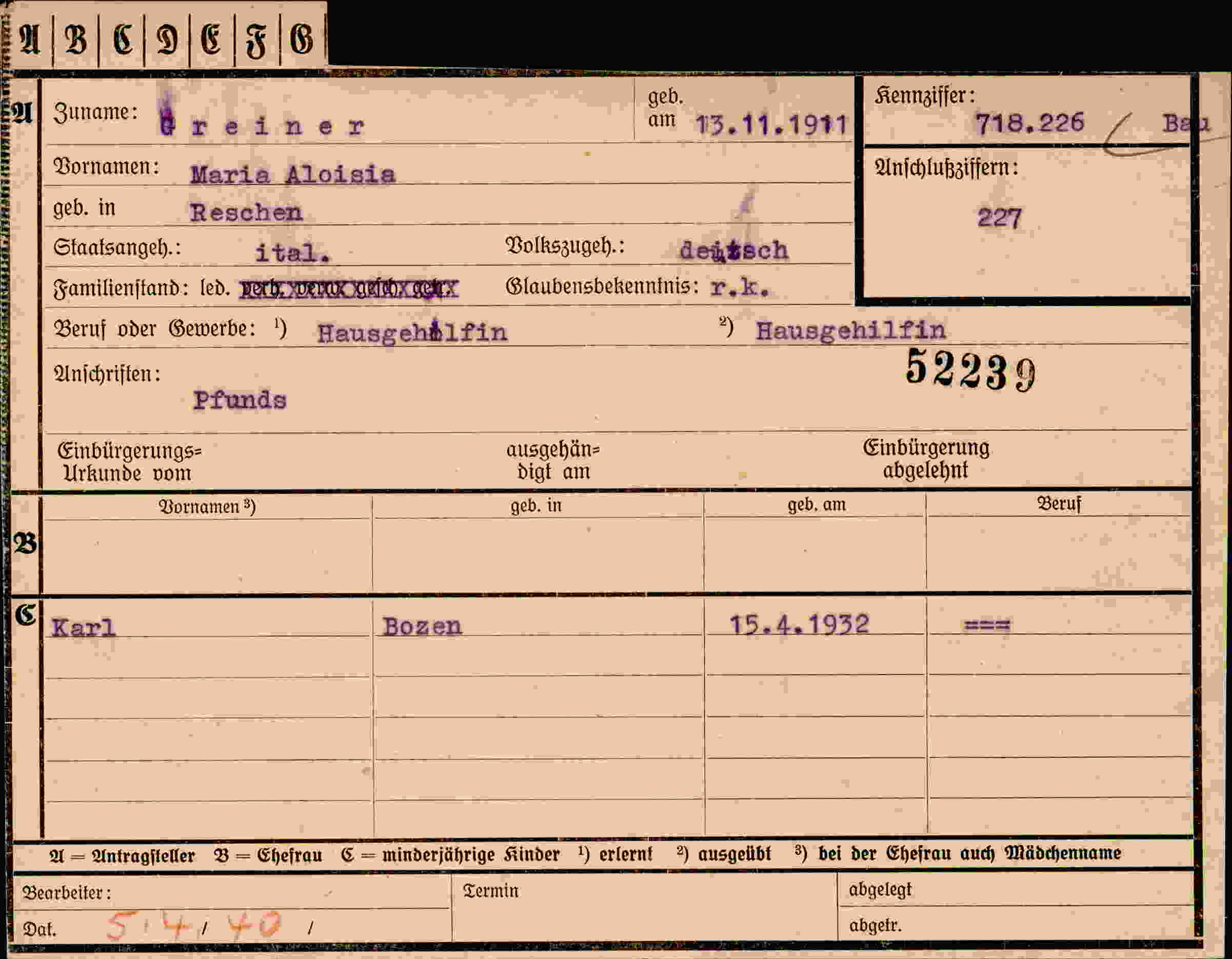 Dokument für Maria Aloisia Reiner