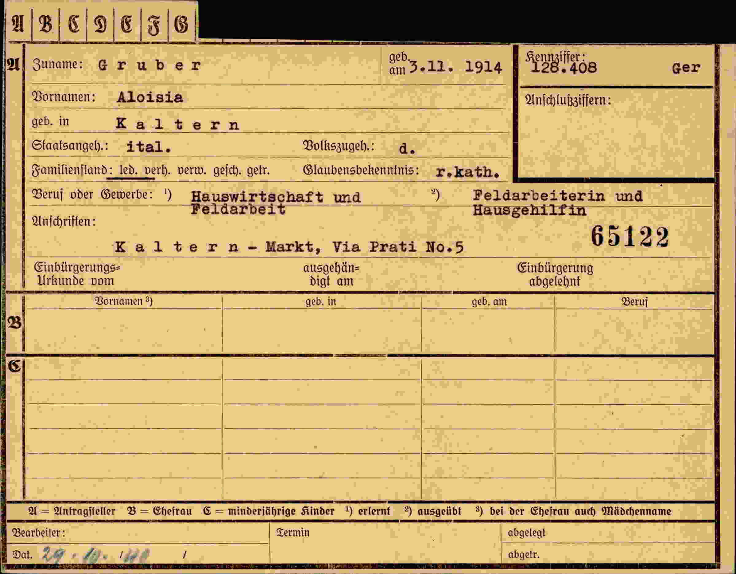 Dokument für Aloisia Gruber