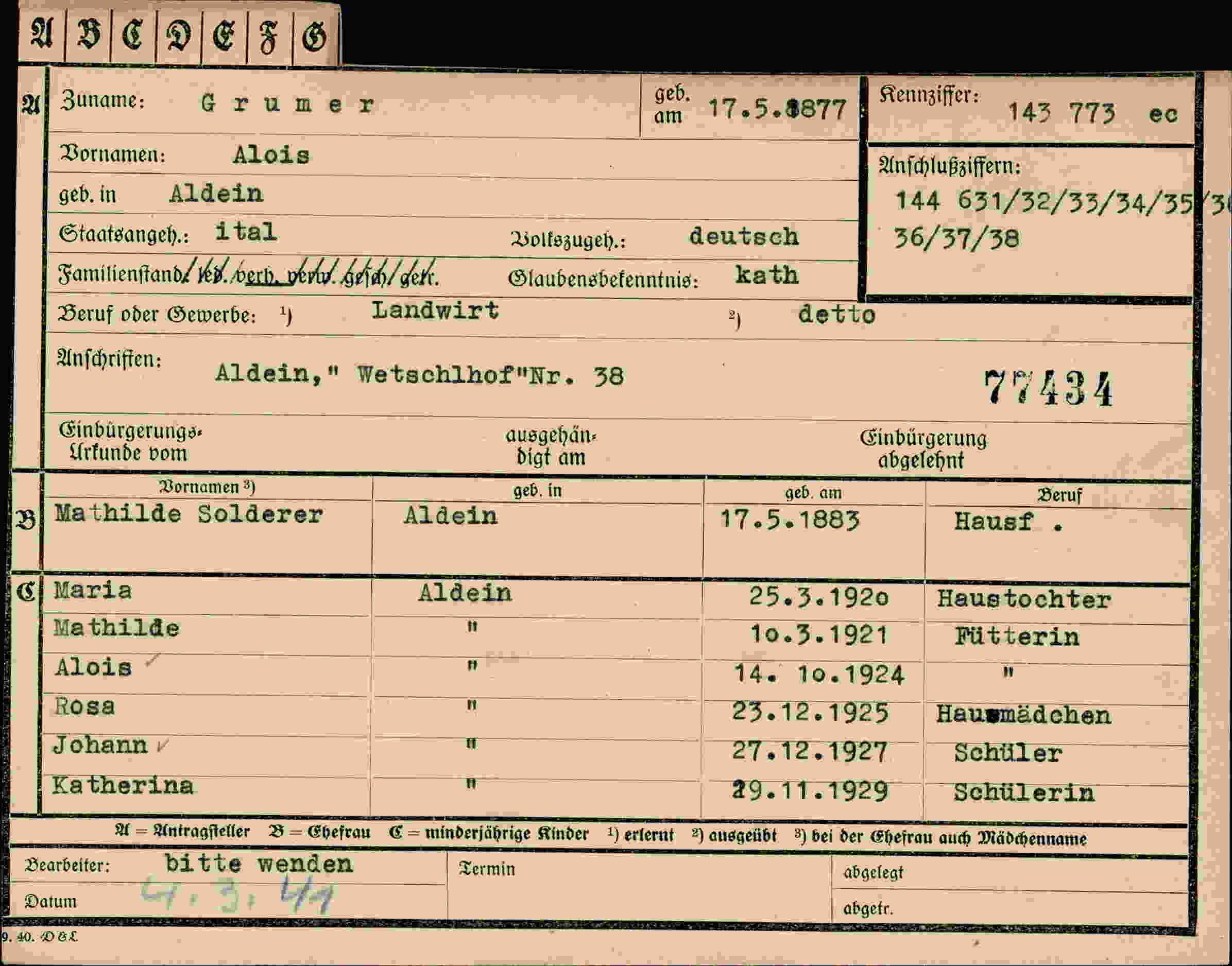 Dokument für Alois Grumer