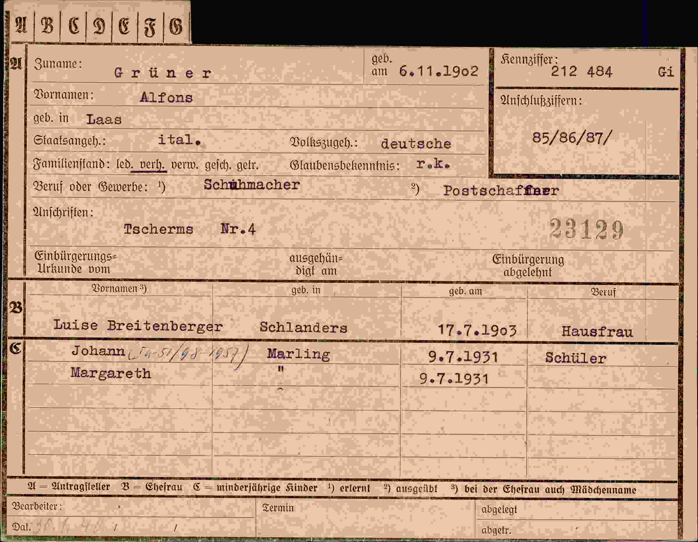Dokument für Alfons Grüner