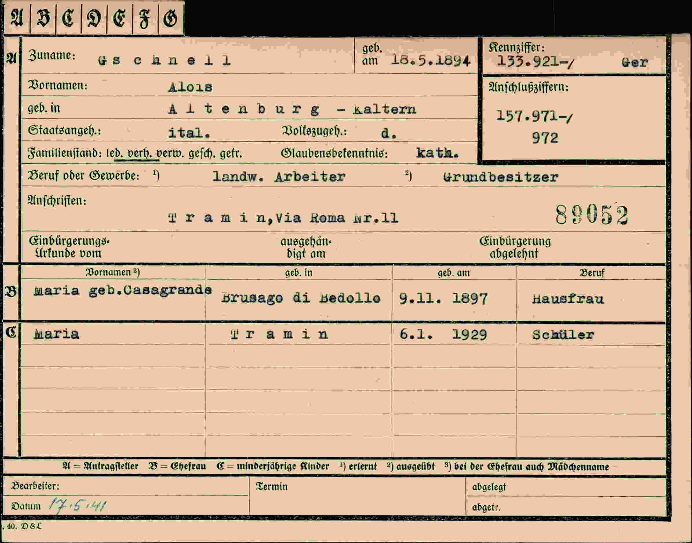 Dokument für Alois Gschnell