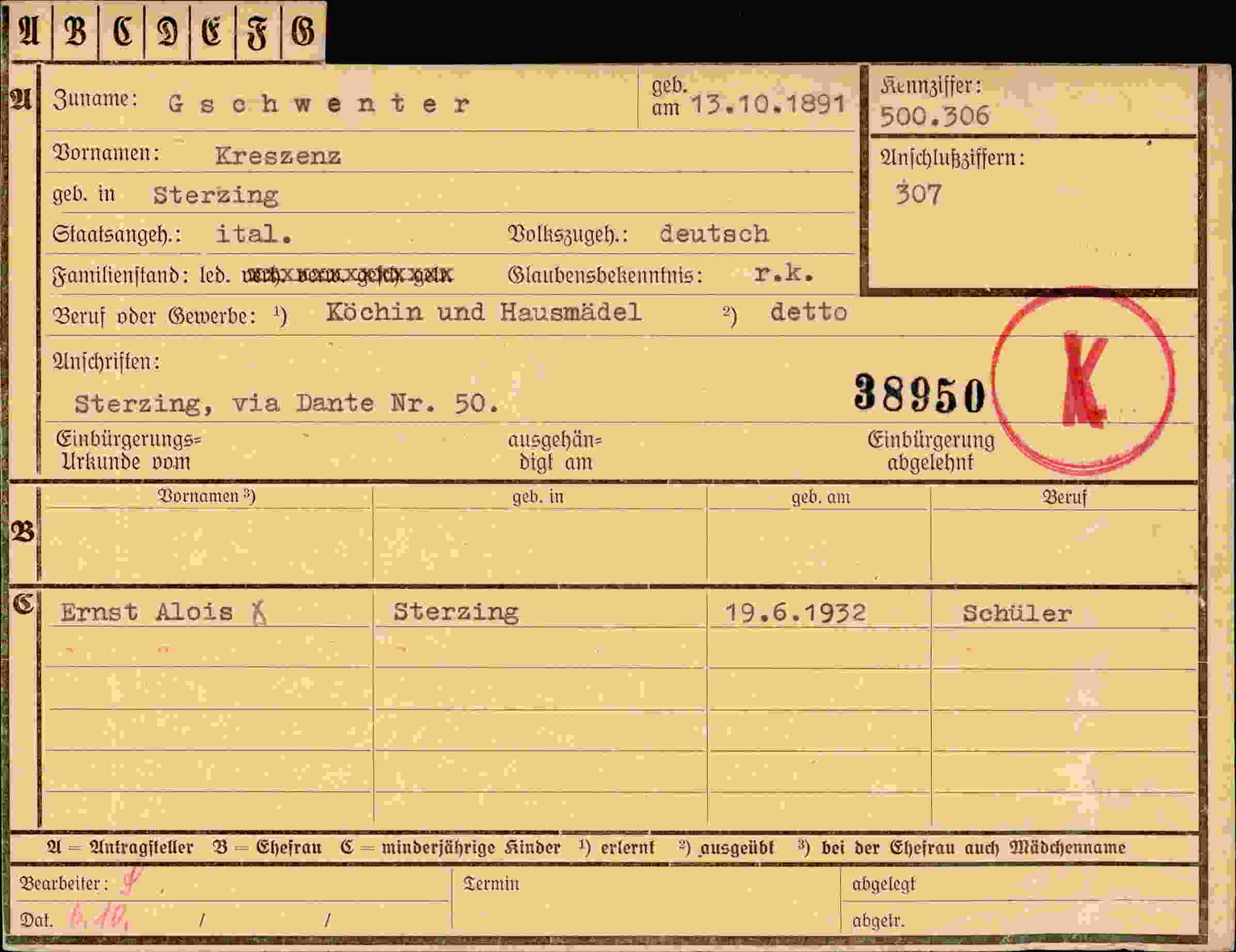 Dokument für Kreszenz Gschwenter