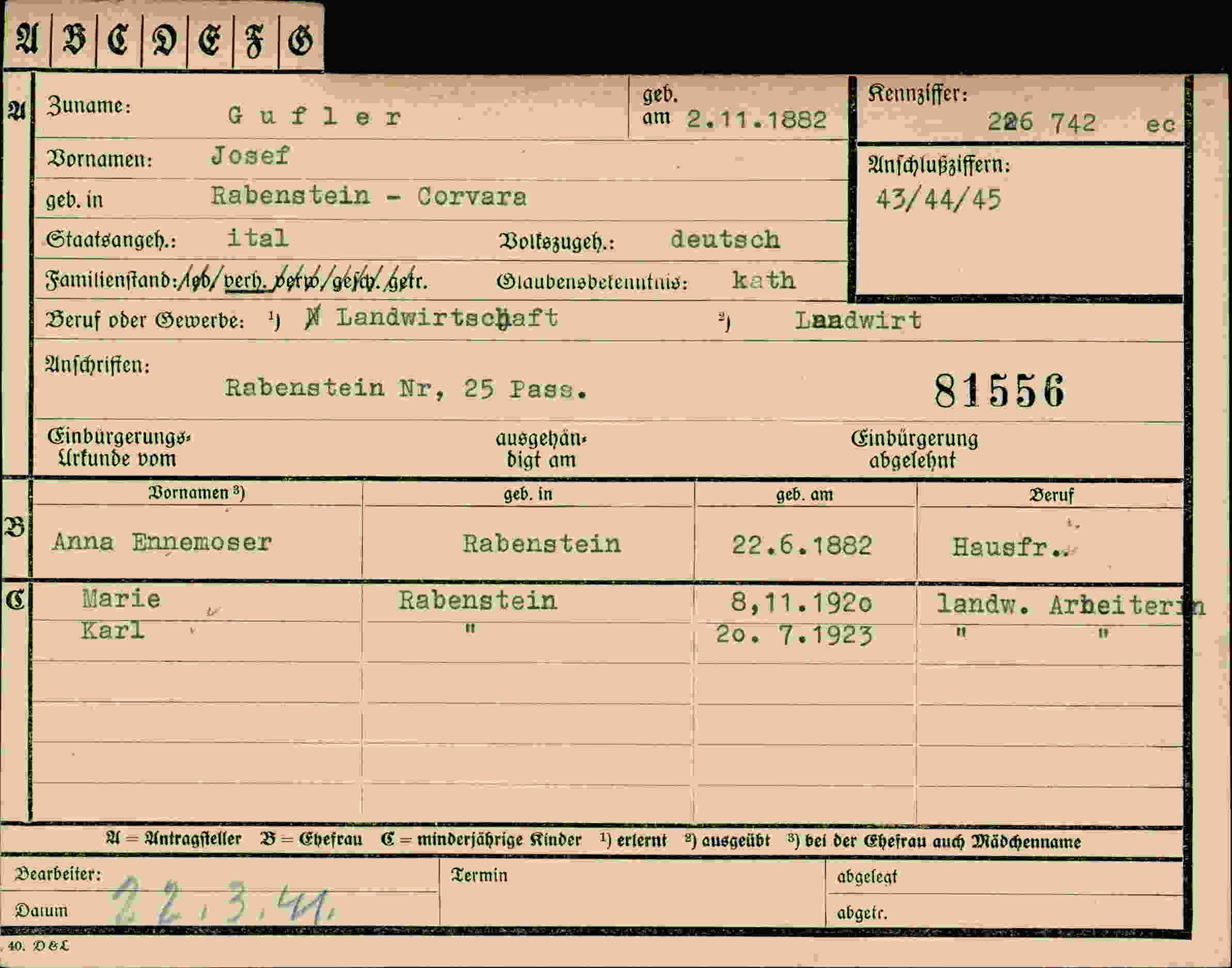 Dokument für Josef Gufler