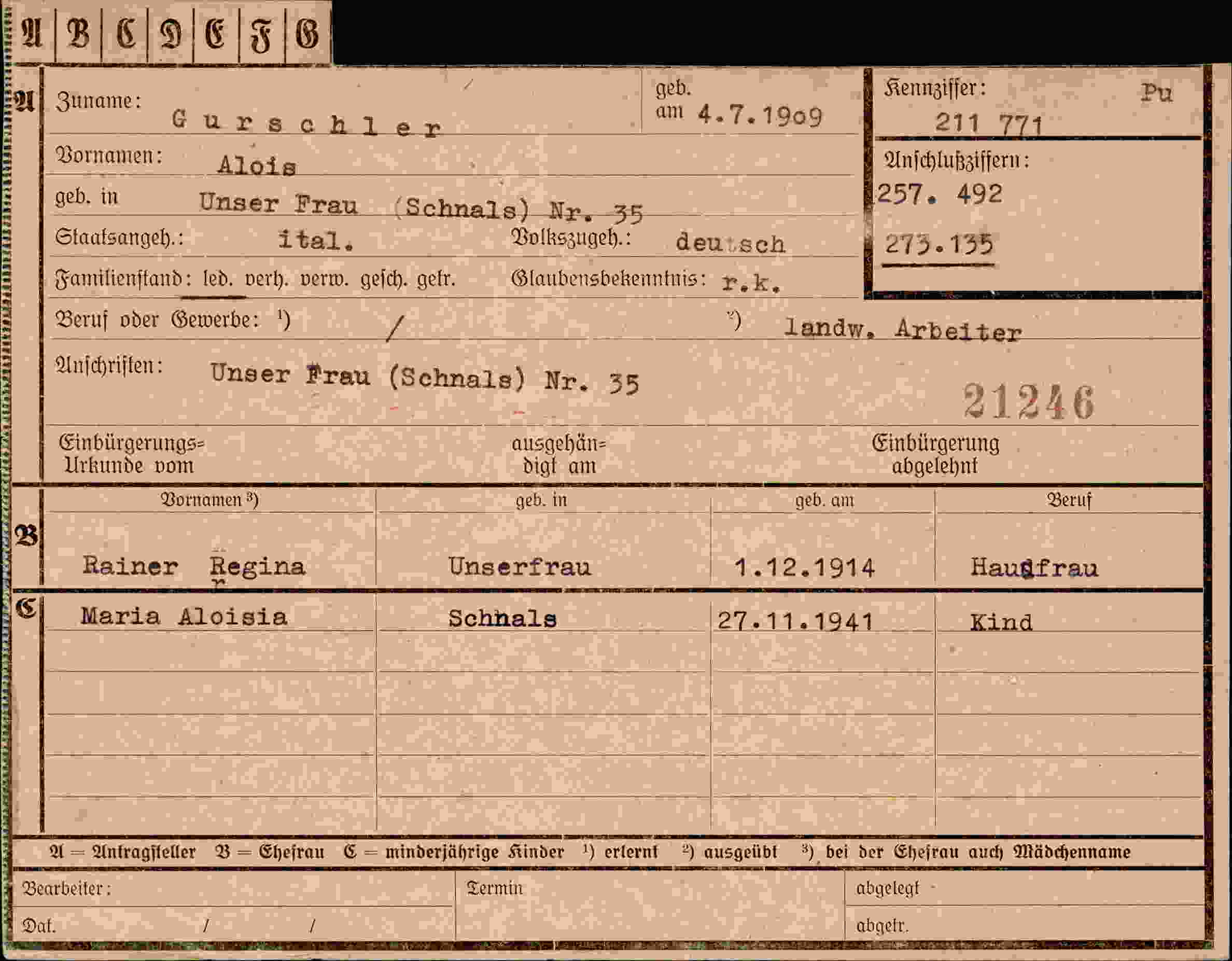 Dokument für Alois Gurschler