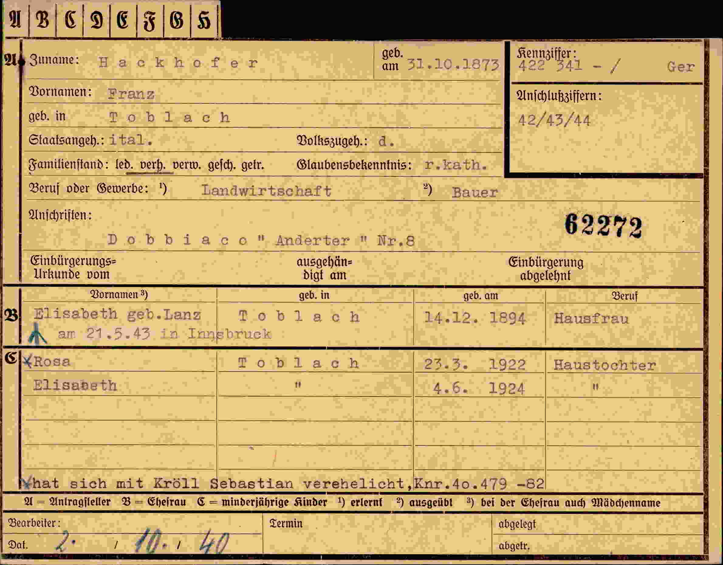 Dokument für Franz Hackhofer