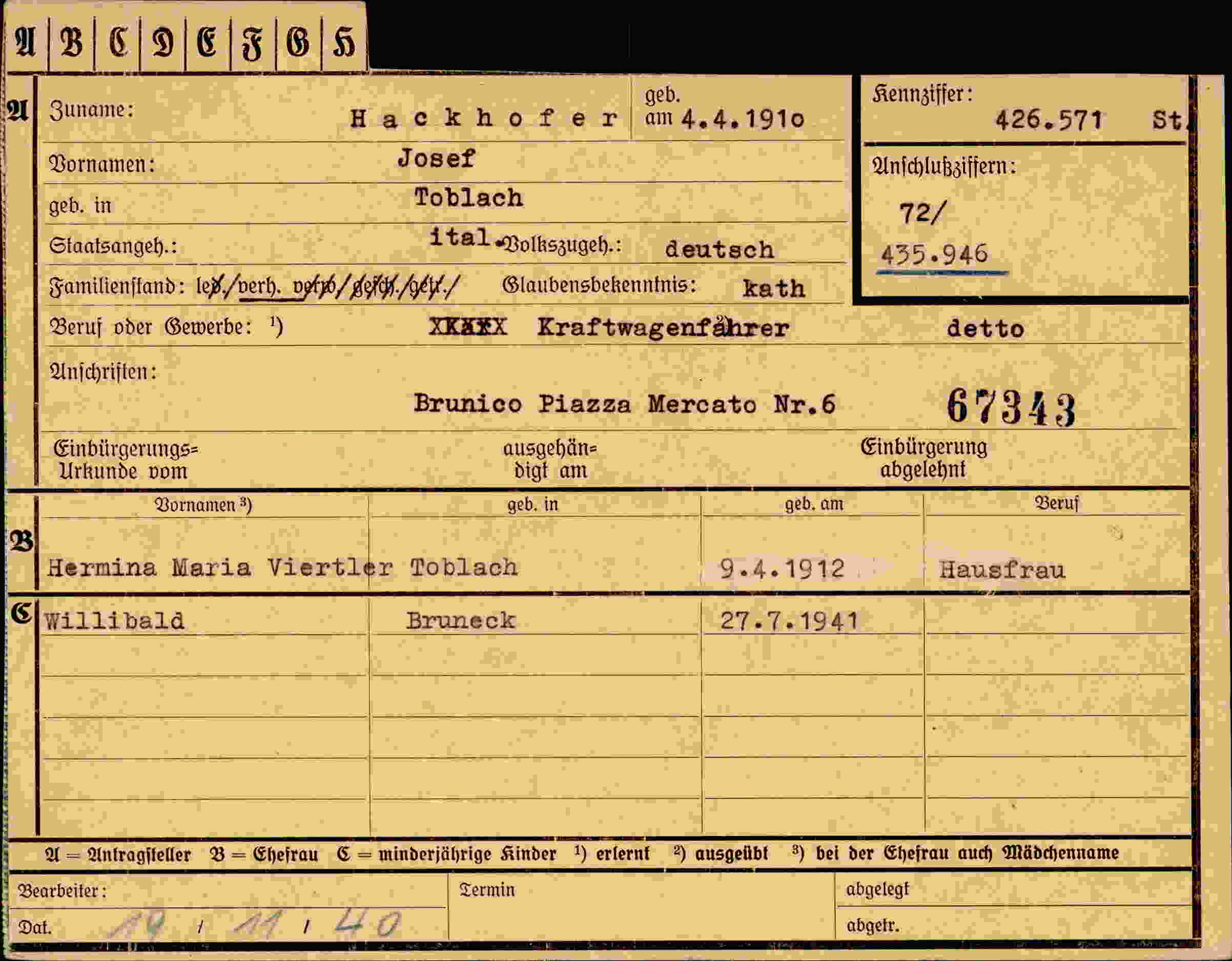 Dokument für Josef Hackhofer