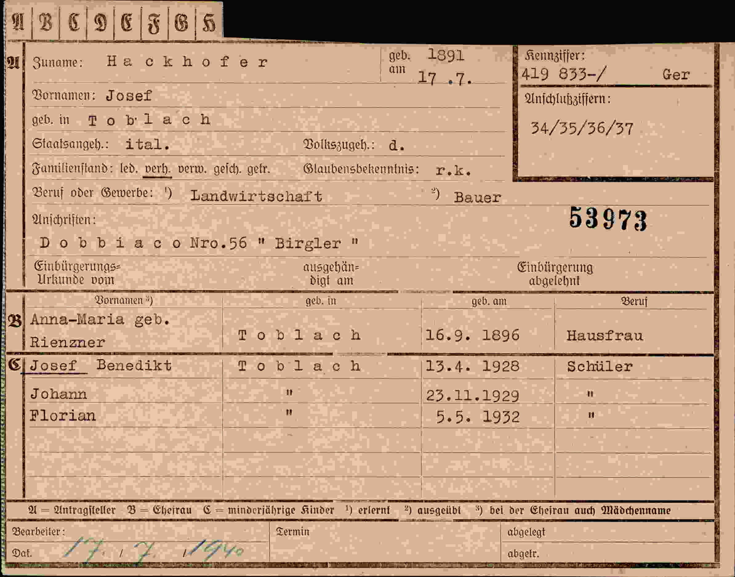 Dokument für Josef Hackhofer
