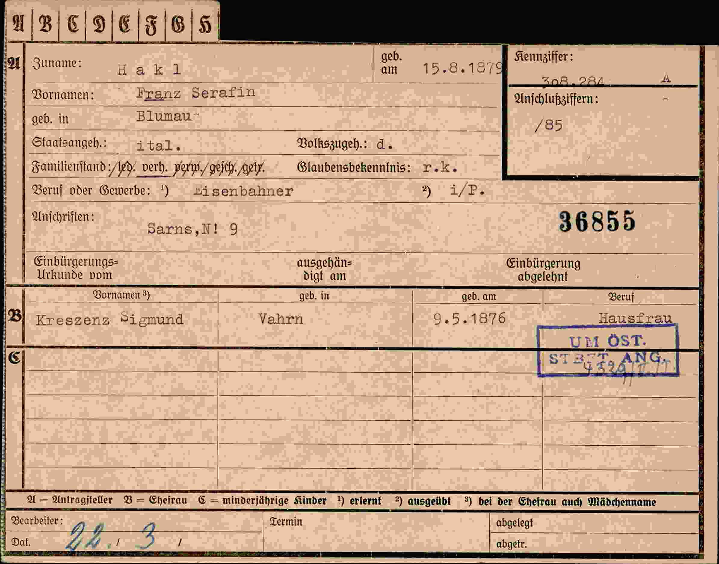 Dokument für Franz Serafin Hakl