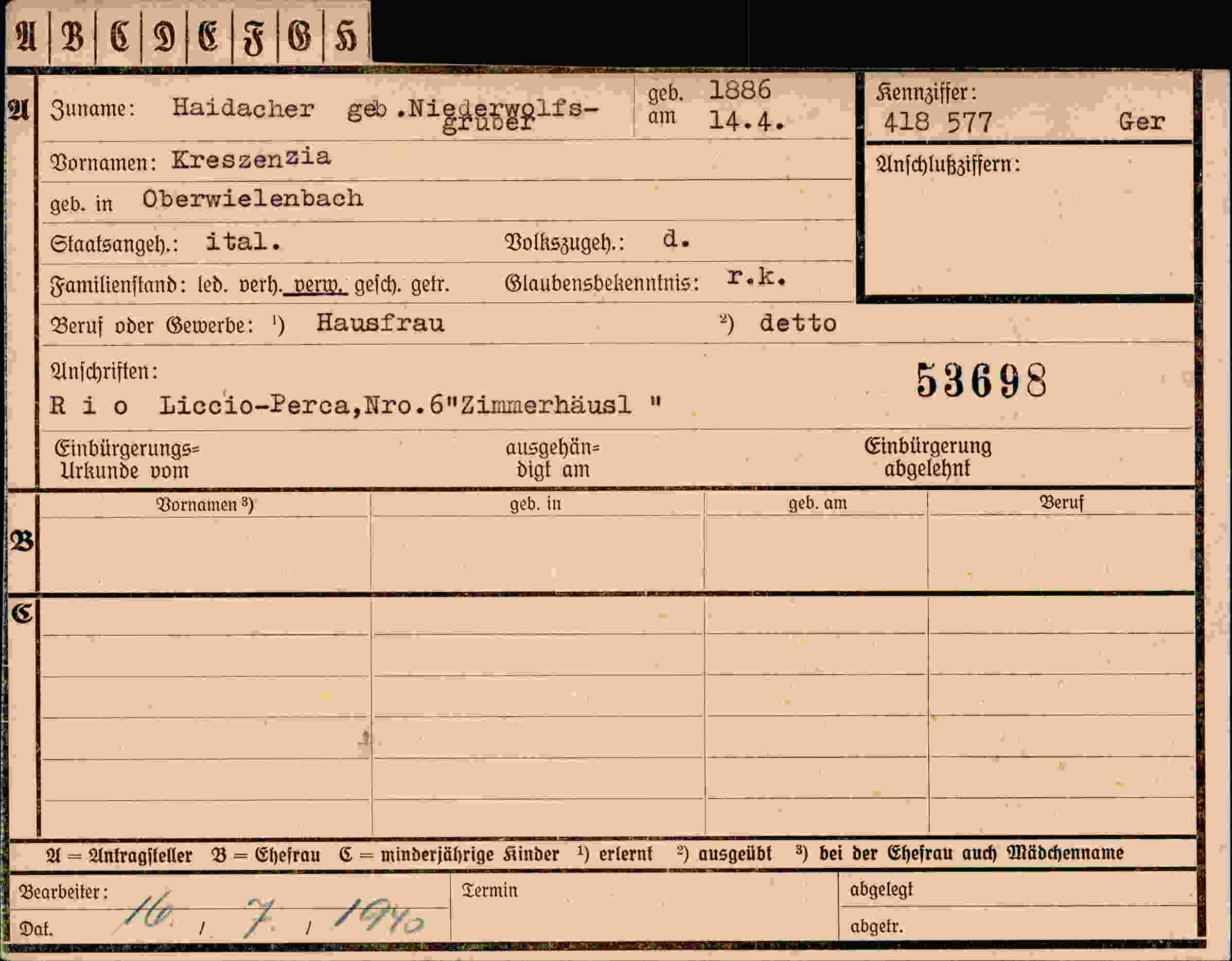 Dokument für Kreszenzia Haidacher