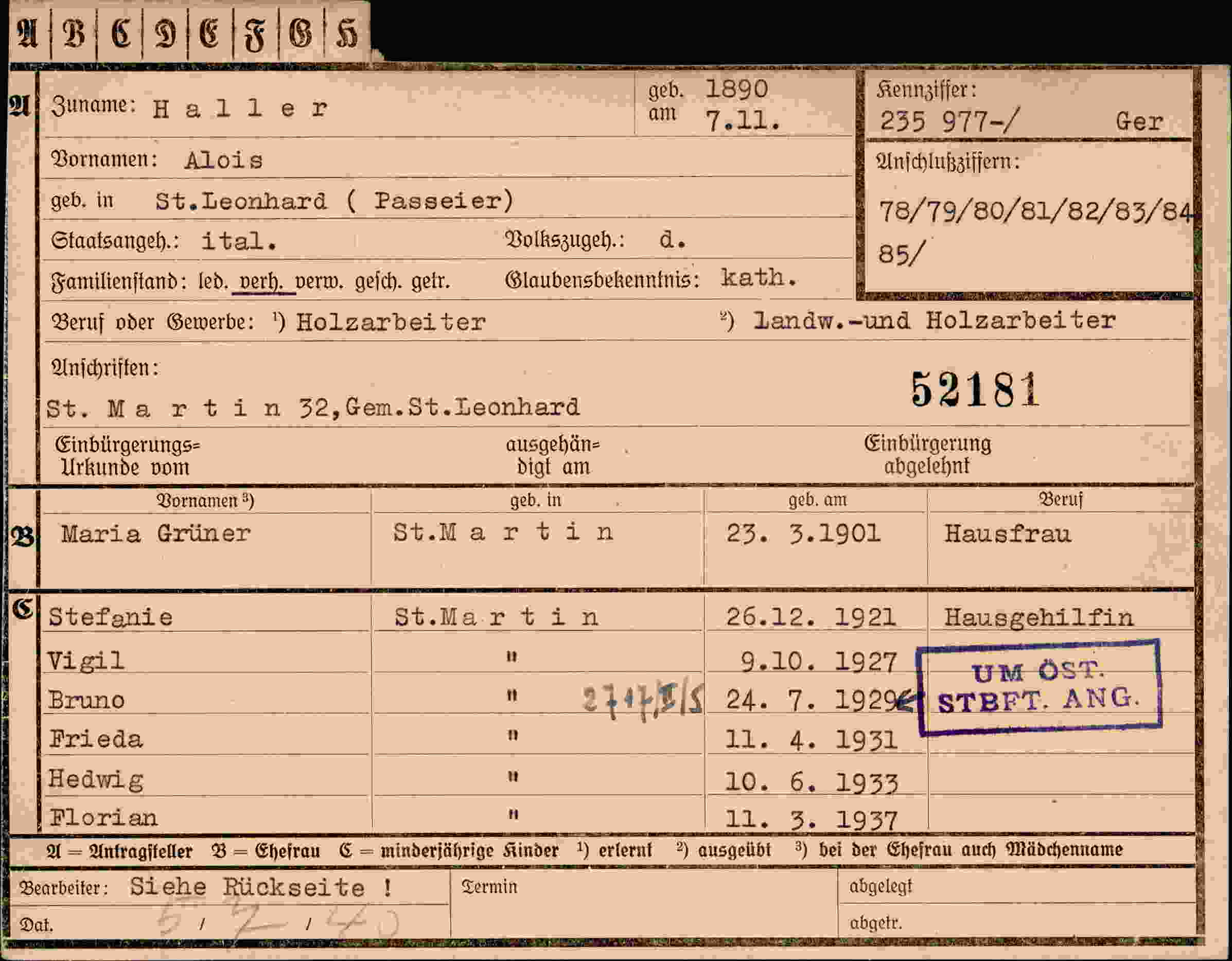 Dokument für Alois Haller