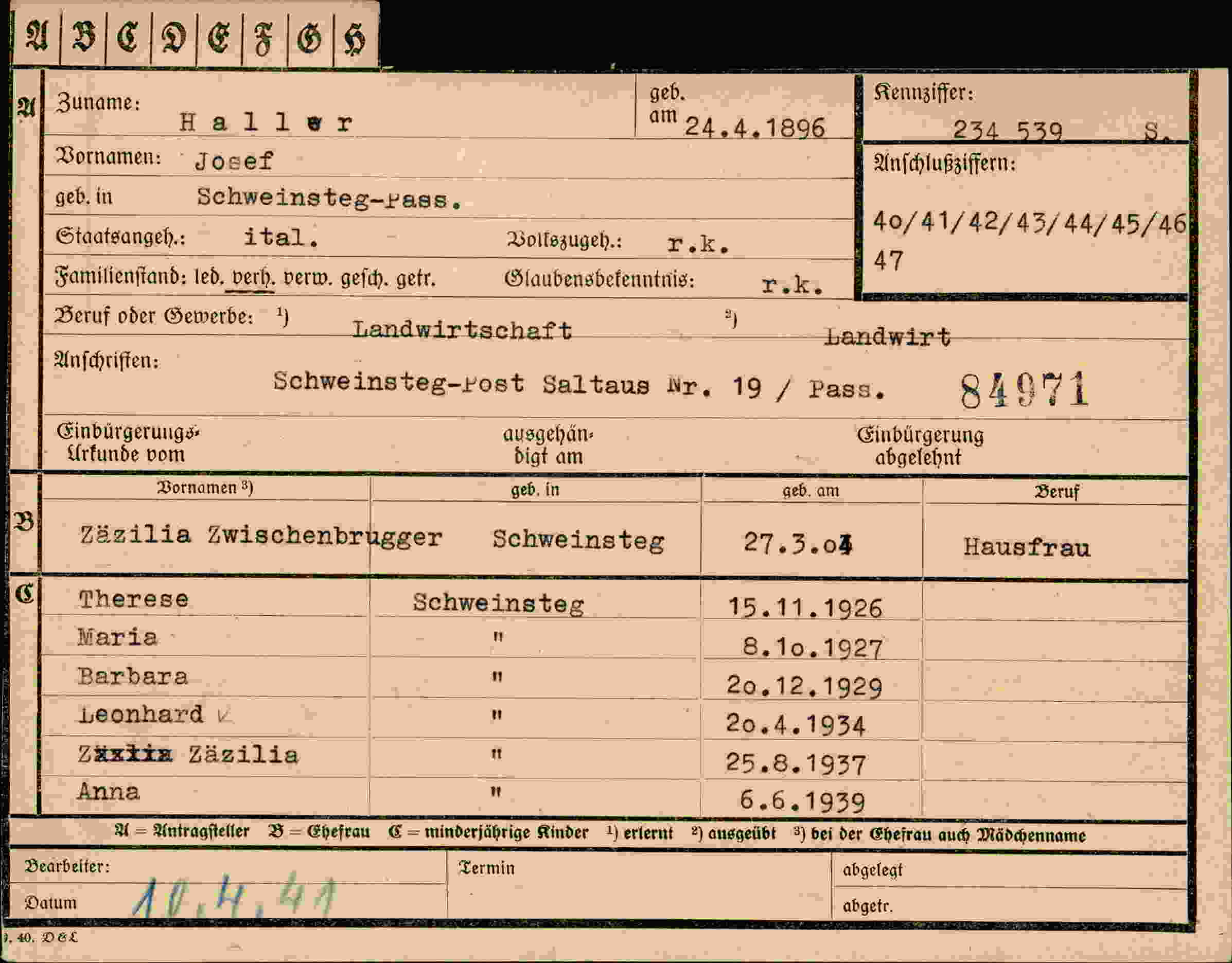 Dokument für Josef Haller