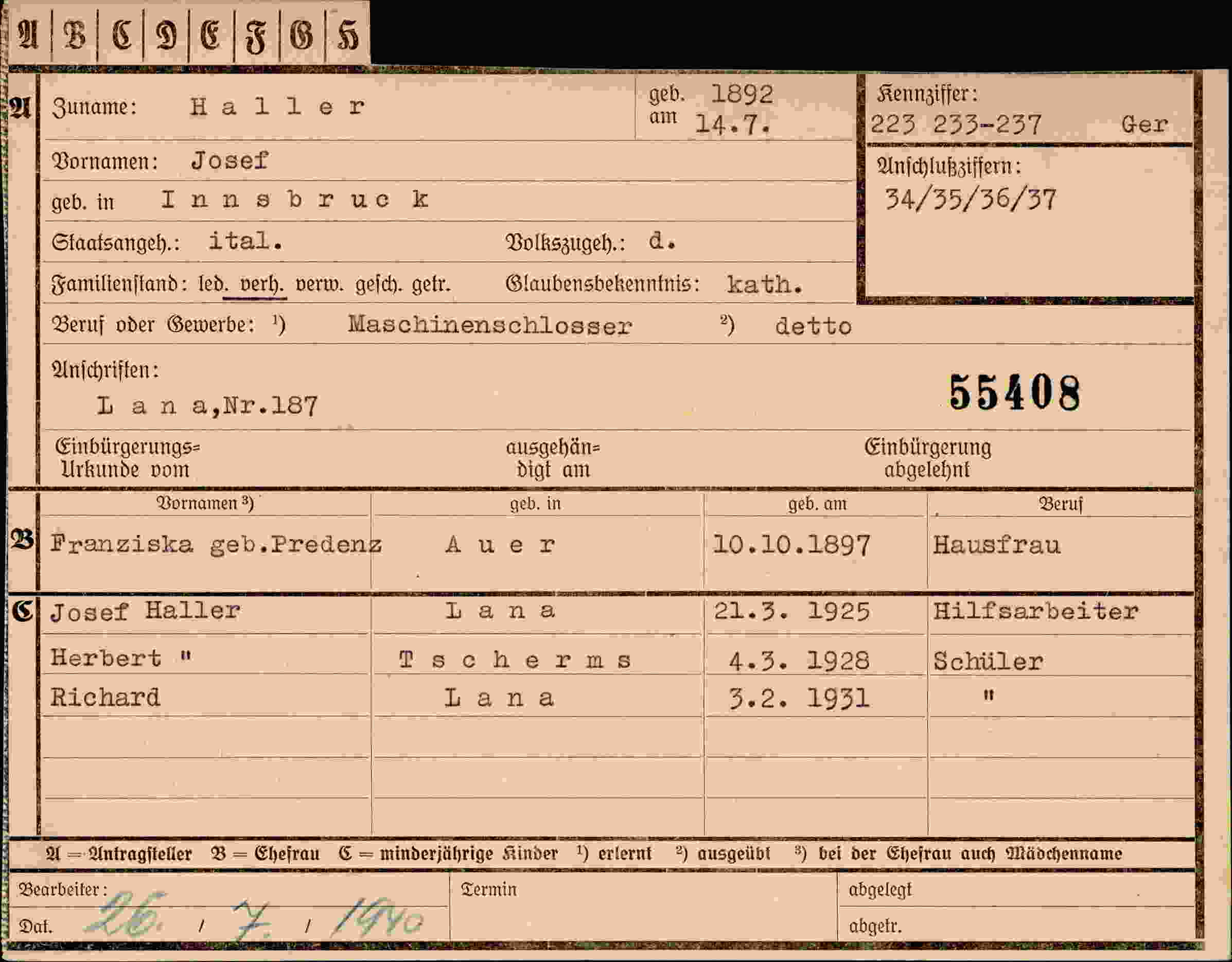 Dokument für Josef Haller