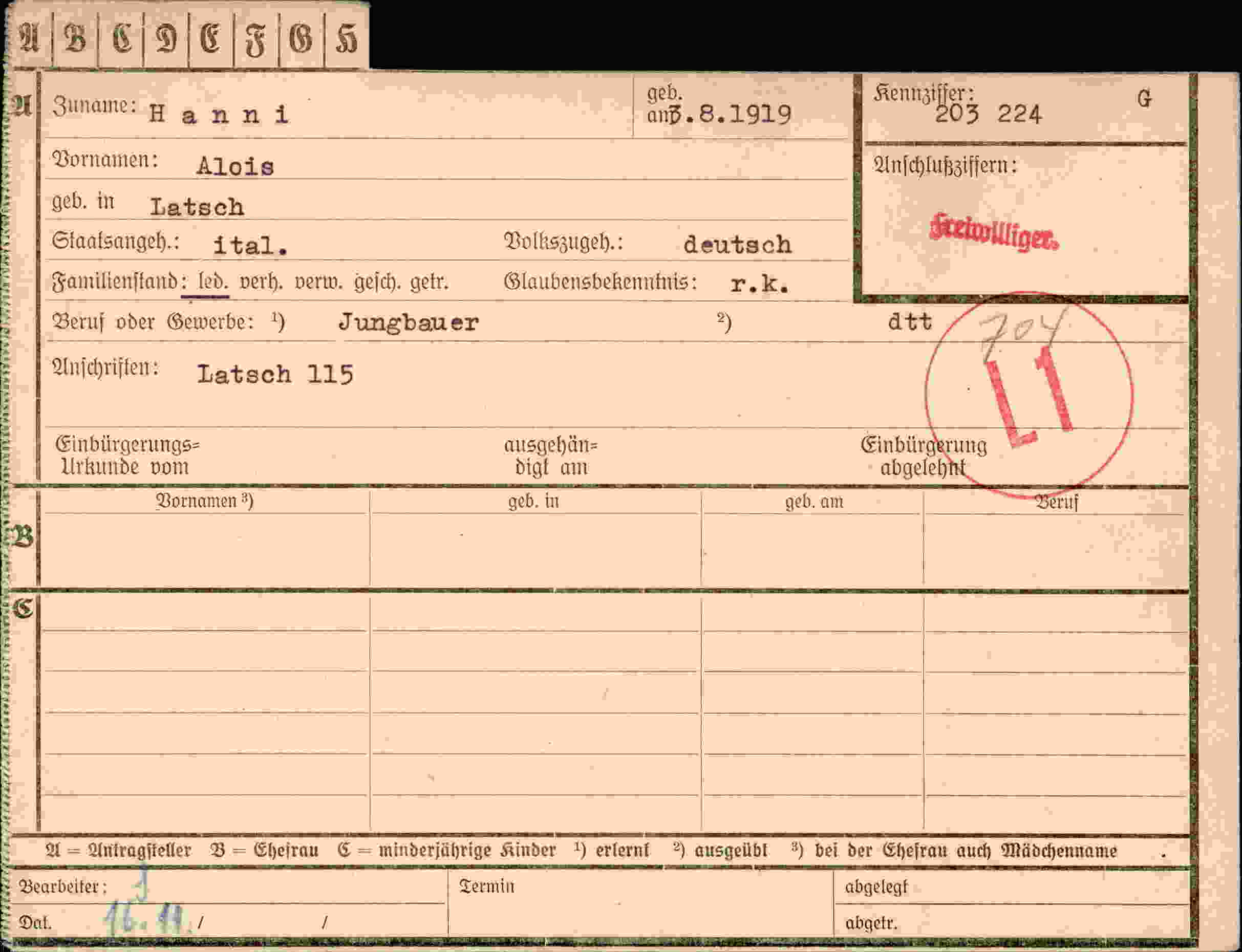 Dokument für Alois Hanni