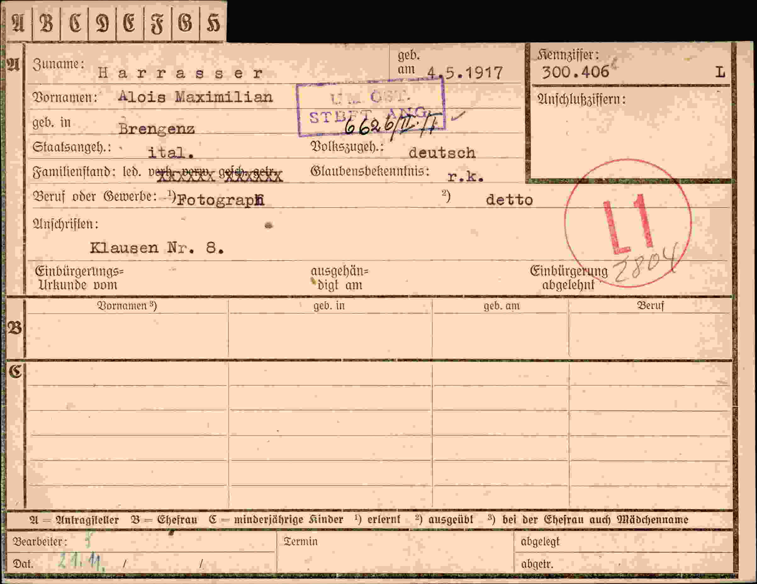 Dokument für Alois Maximilian Harrasser