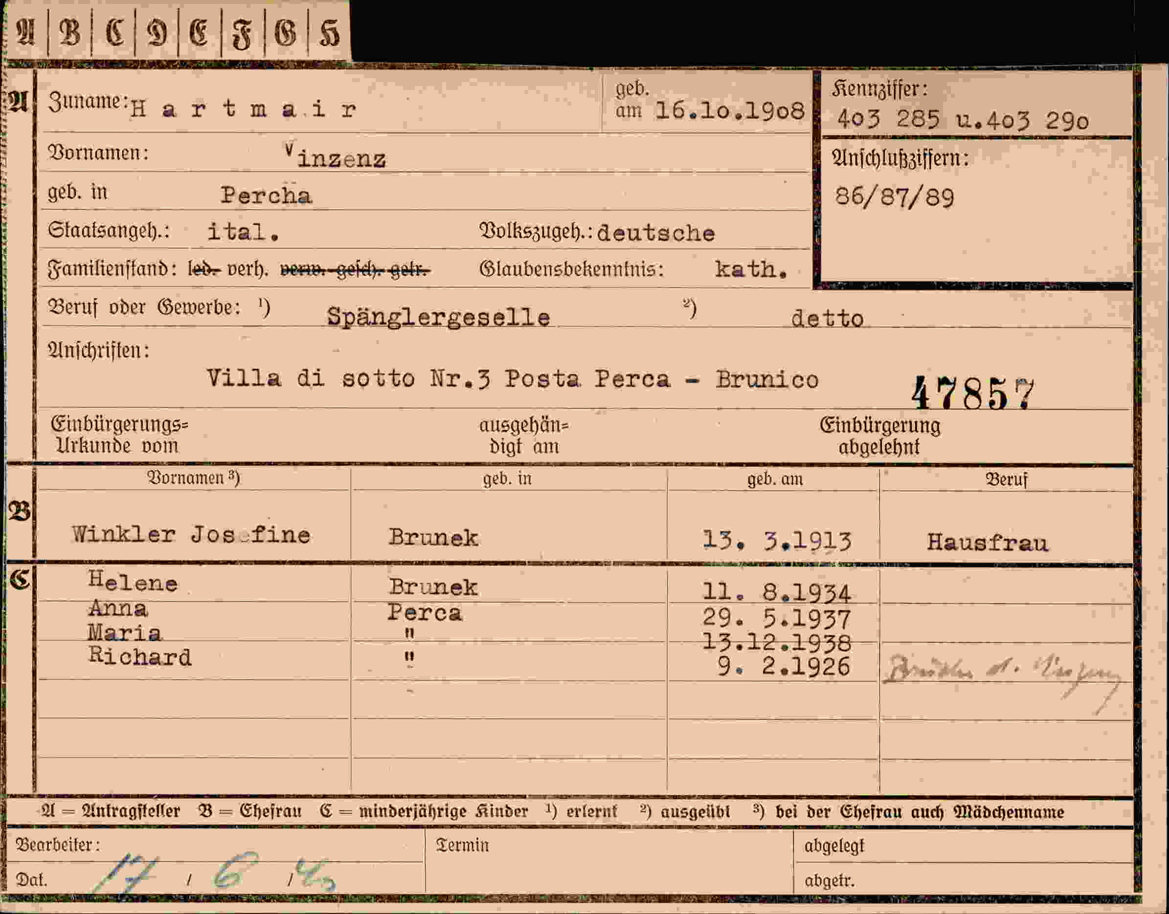 Dokument für Vinzenz Hartmair