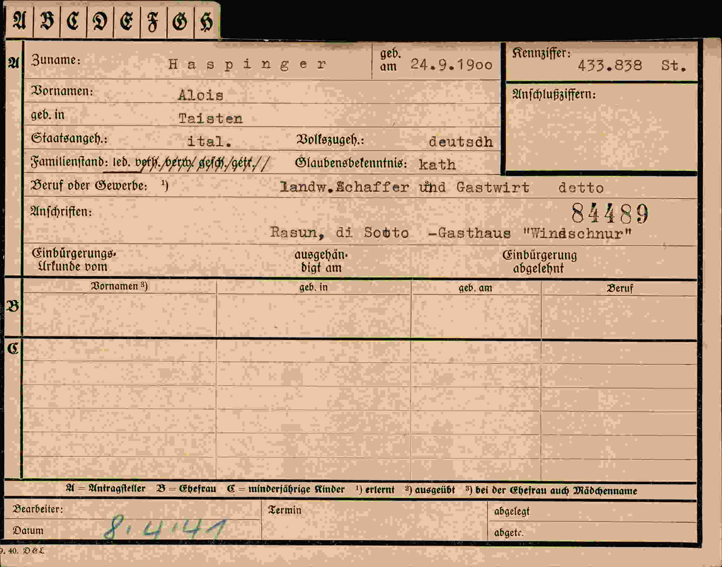 Dokument für Alois Haspinger