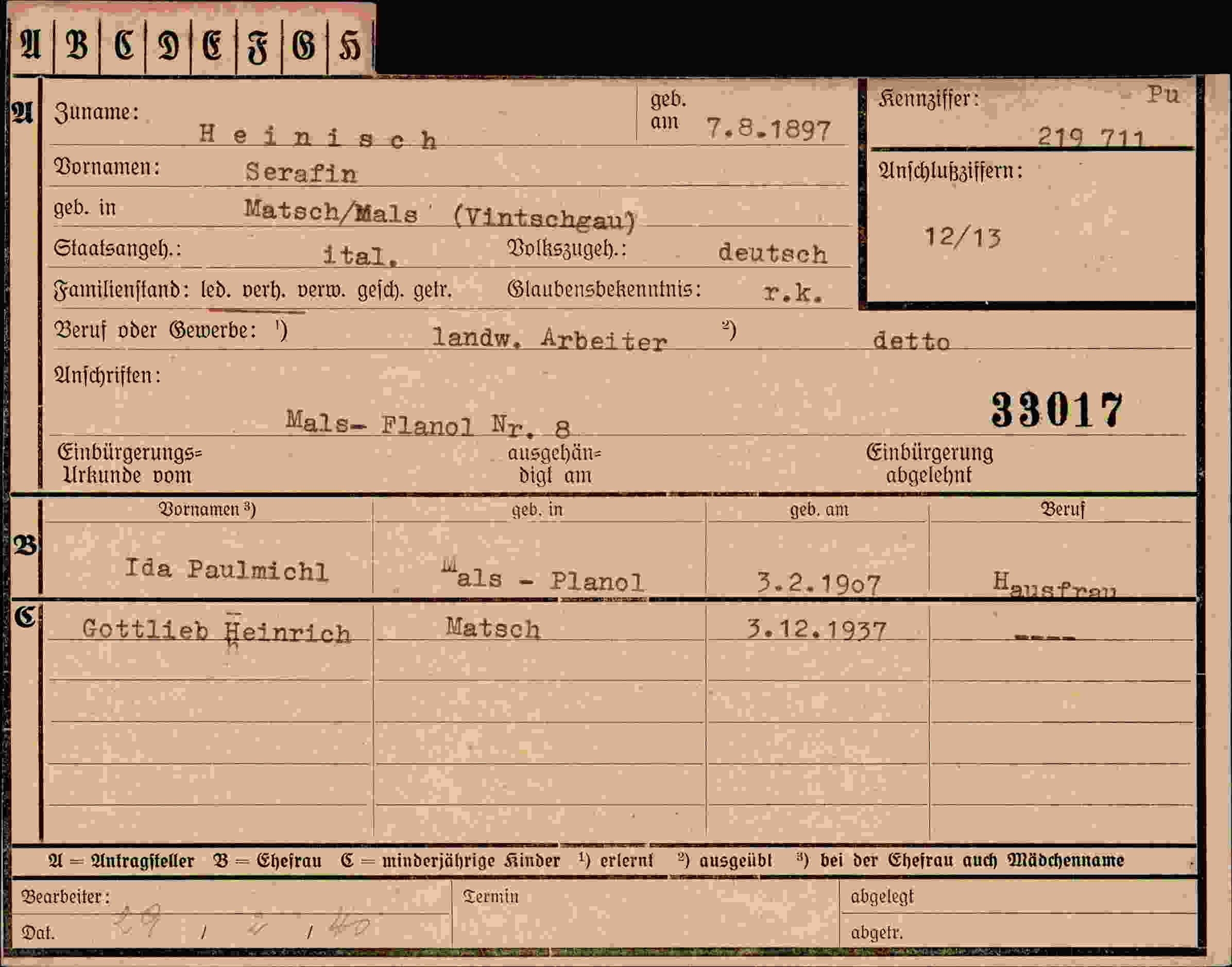 Dokument für Serafin Heinis