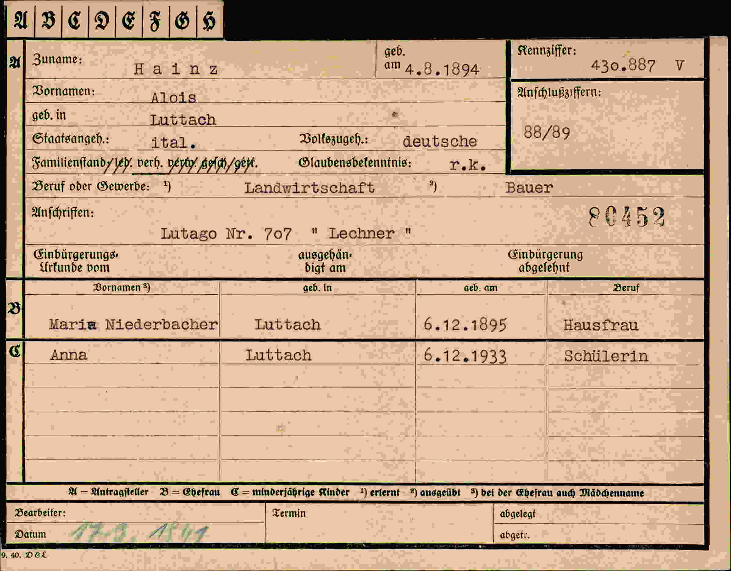 Dokument für Alois Hainz