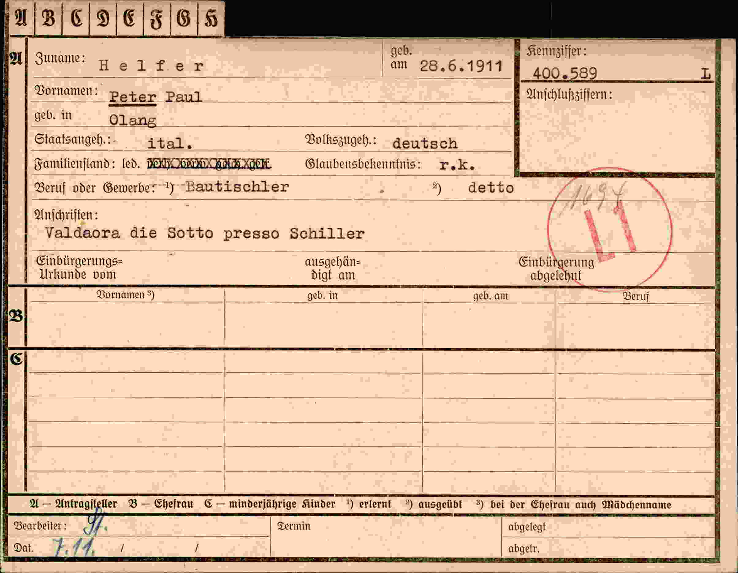 Dokument für Peter Paul Helfer