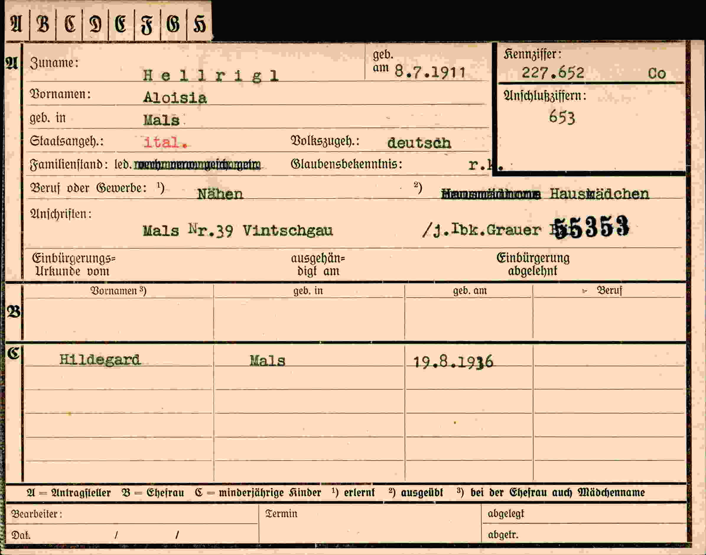Dokument für Aloisia Hellrigl