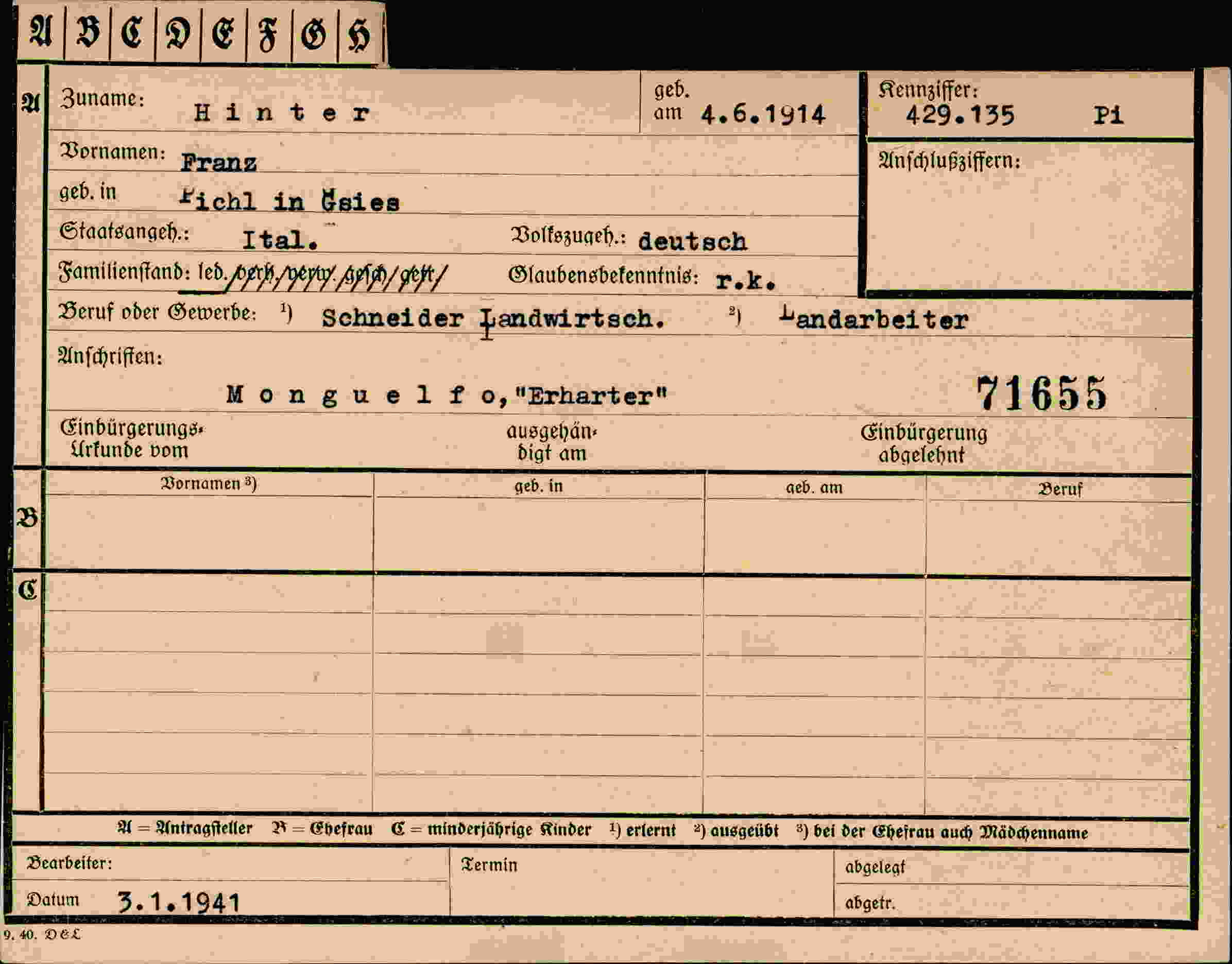 Dokument für Franz Hinter