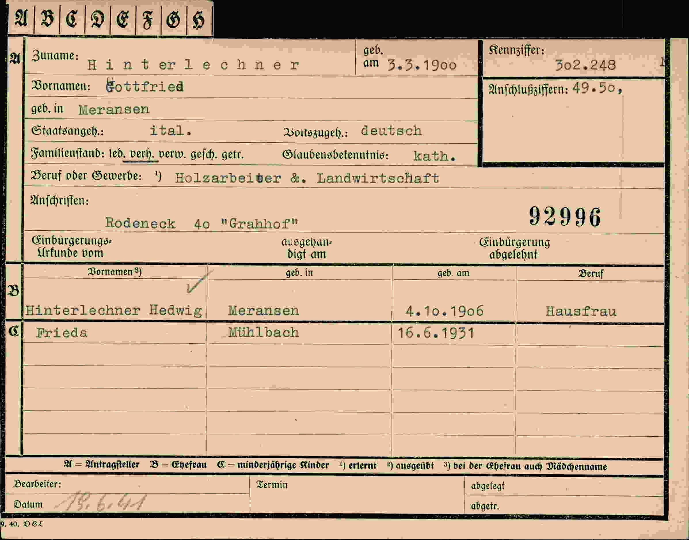Dokument für Gottfried Hinterlechner