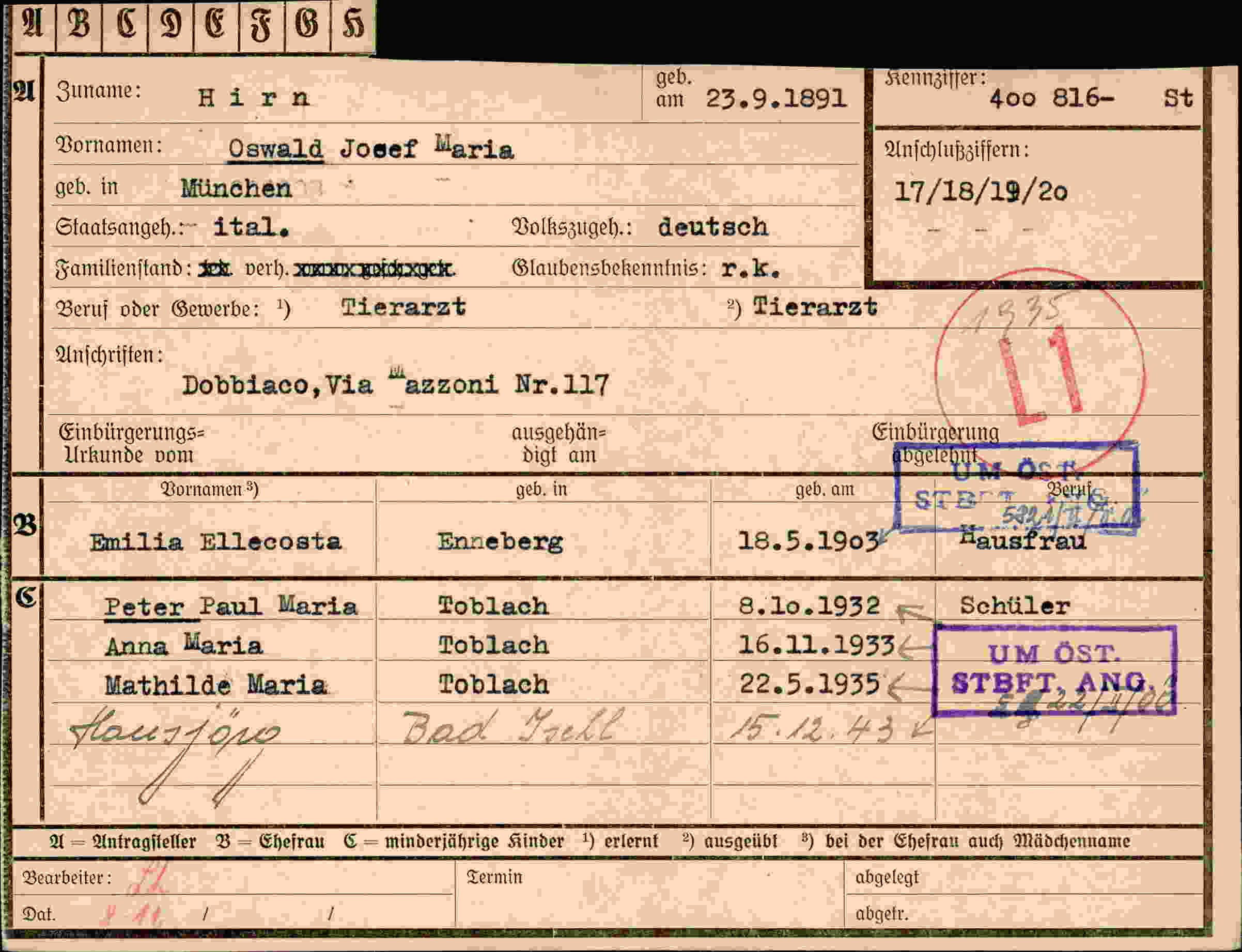 Dokument für Oswald Josef Maria Hirn